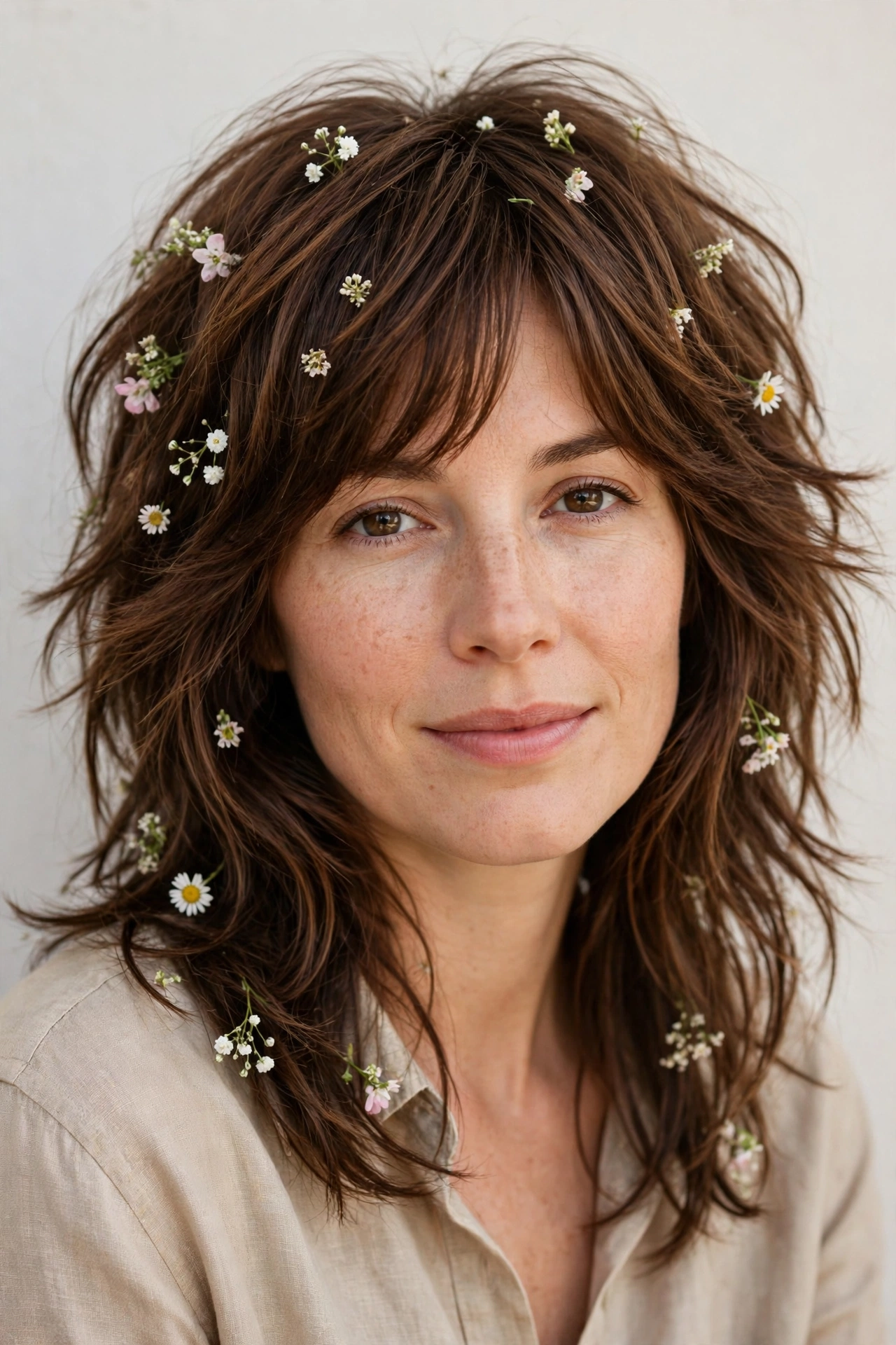 Chestnut Layered Shag Haircuts for Fine Hair with Added Movement with Tiny Fresh Flowers