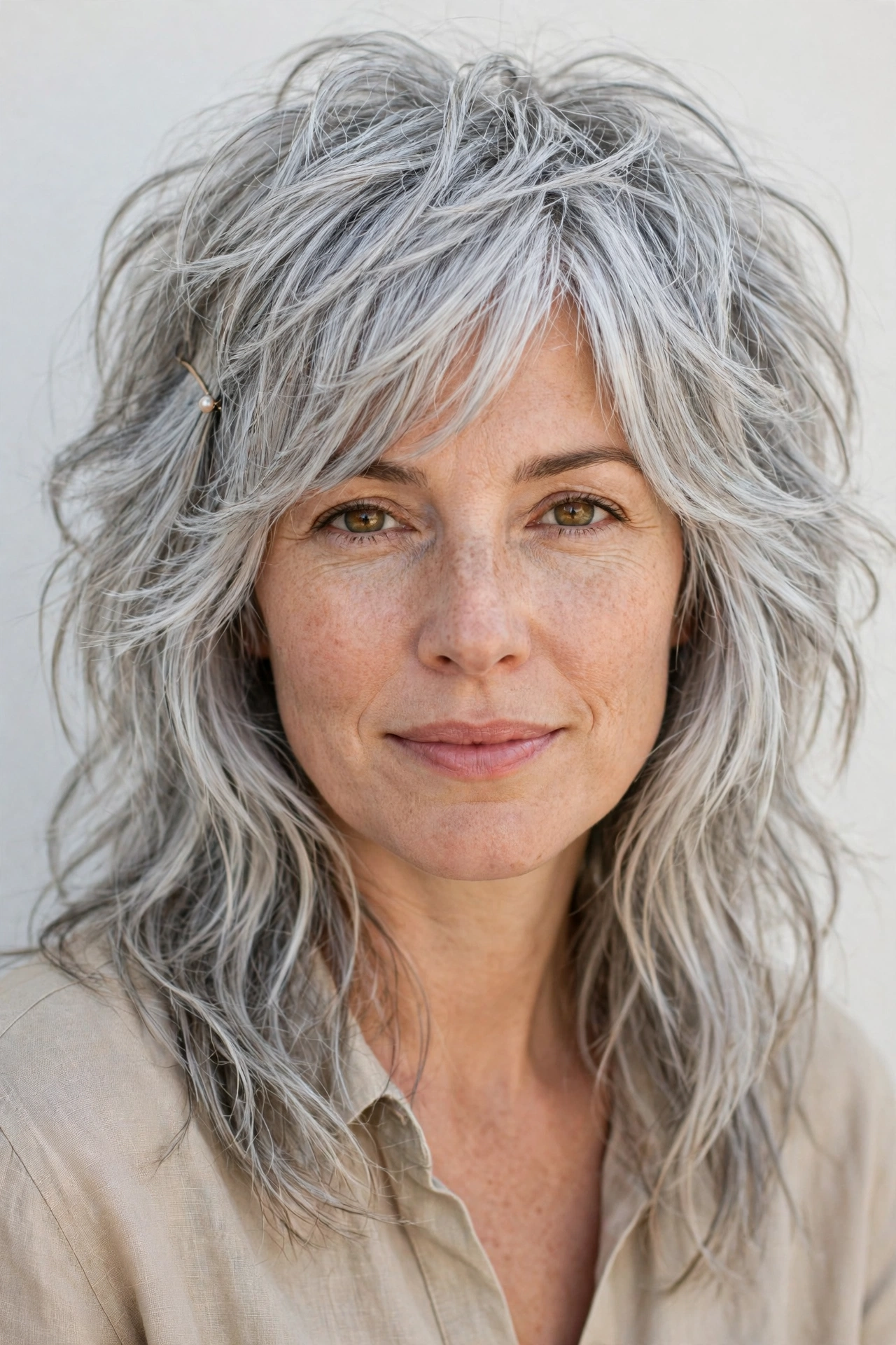 Layered Shag Haircuts for Fine Hair with Added Movement in silver with a gently tousled finish