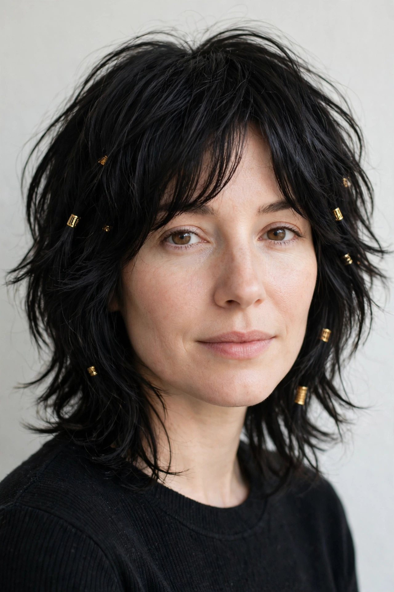 Soft Black Layered Shag Haircuts for Fine Hair with Added Movement with Small Gold Cuffs