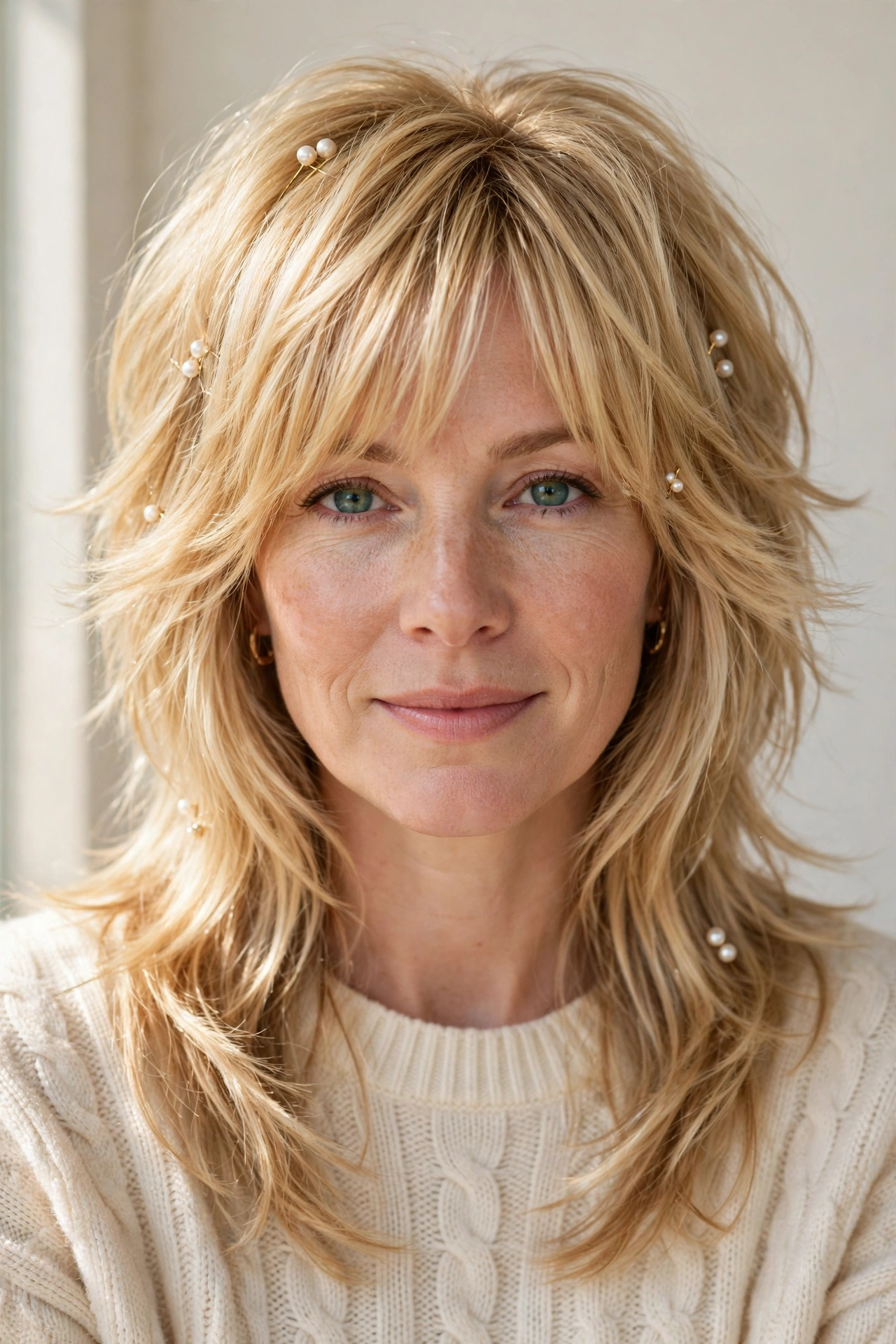 Golden Blonde Layered Shag Haircuts for Fine Hair with Added Movement with Delicate Pearl Pins