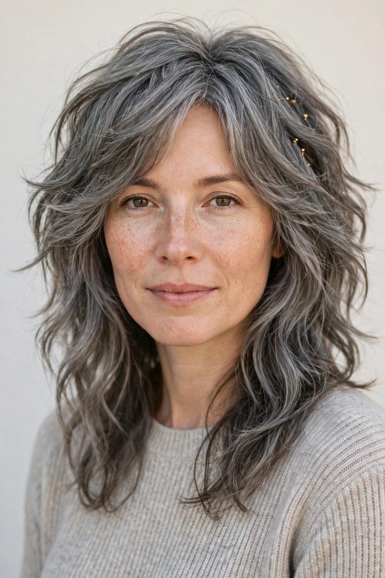 Soft Grey-Blended Layered Shag Haircuts for Fine Hair with Added Movement with Minimal Gold Pins