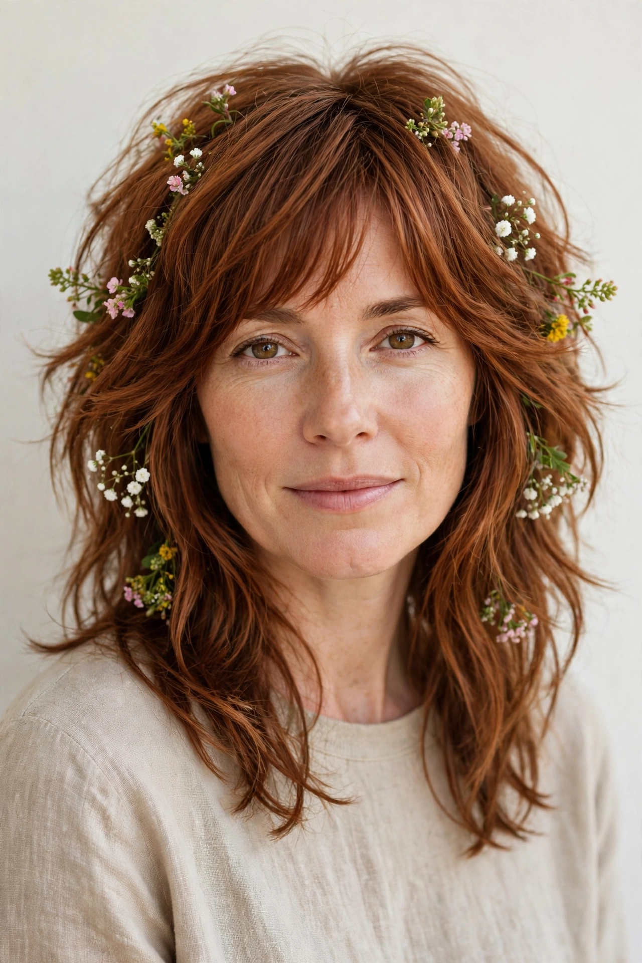 Soft Auburn Layered Shag Haircuts for Fine Hair with Added Movement with Tiny Fresh Flowers