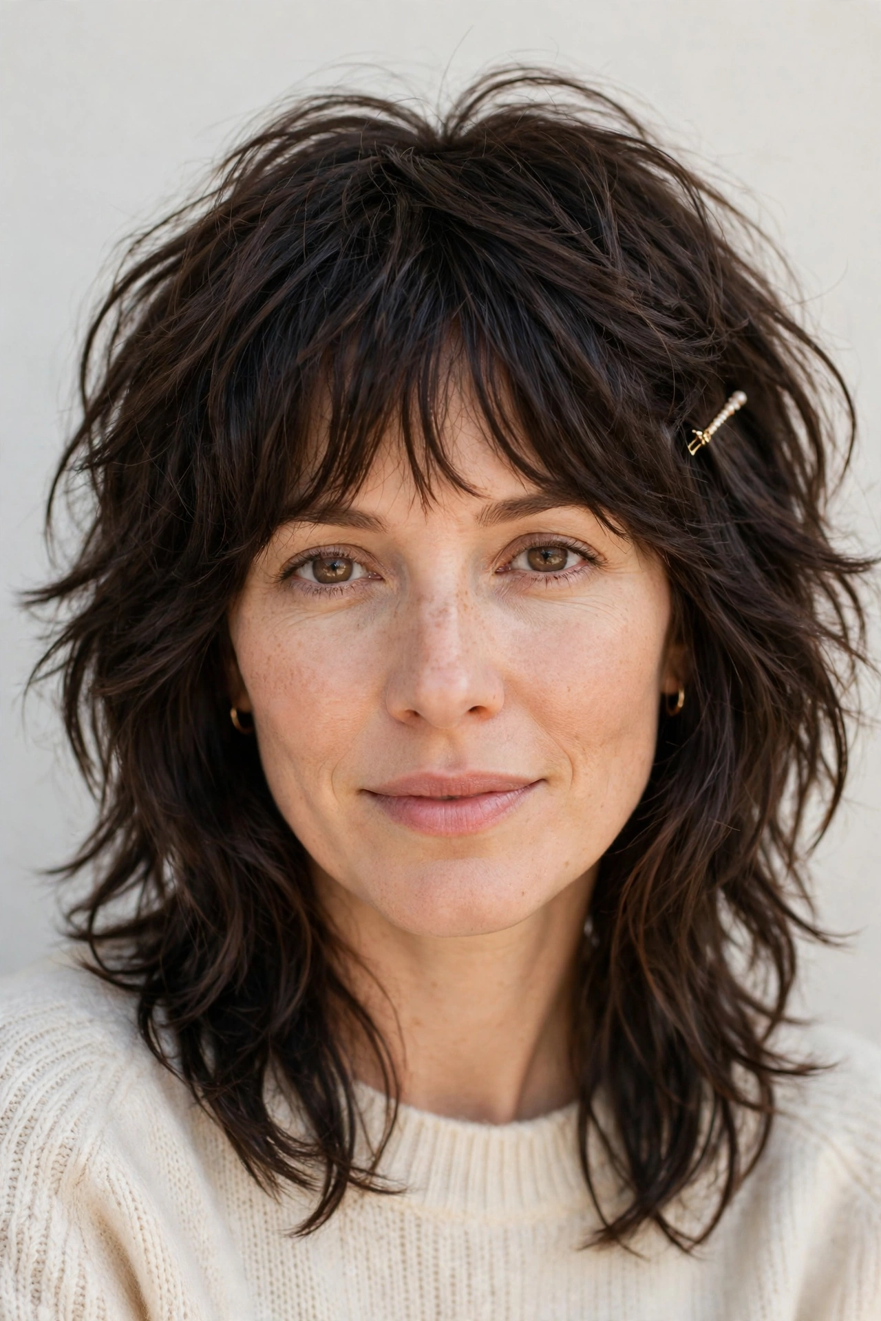 Layered Shag Haircuts for Fine Hair with Added Movement in deep brunette with a gently tousled finish