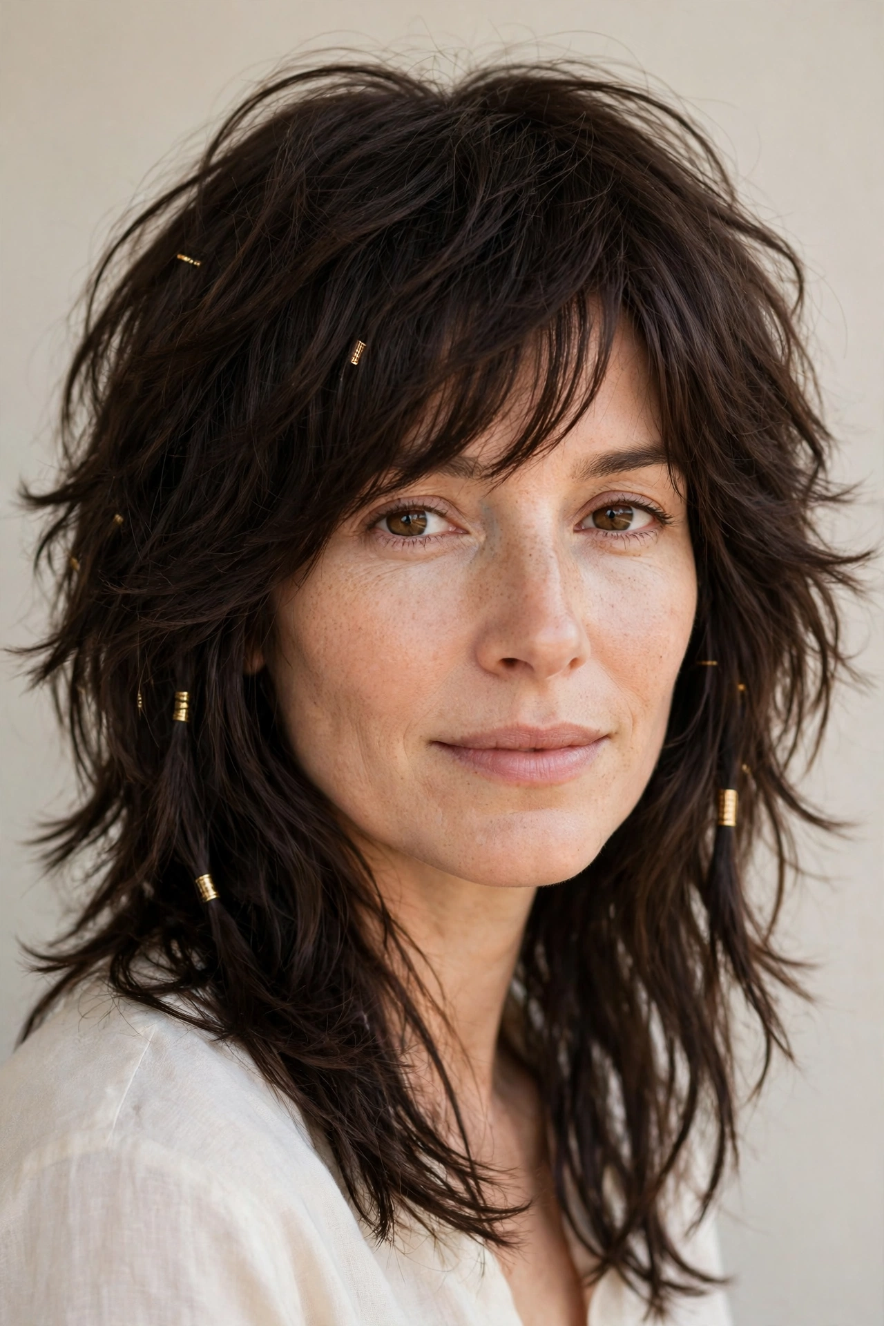 Dark Chocolate Layered Shag Haircuts for Fine Hair with Added Movement with Small Gold Cuffs