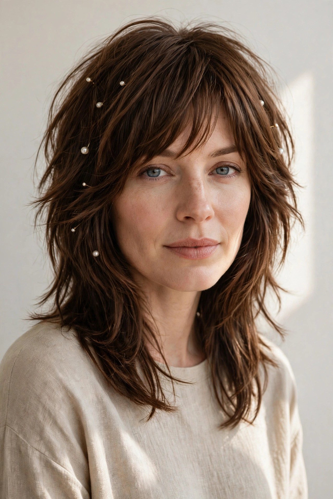 Chestnut Layered Shag Haircuts for Fine Hair with Added Movement with Delicate Pearl Pins