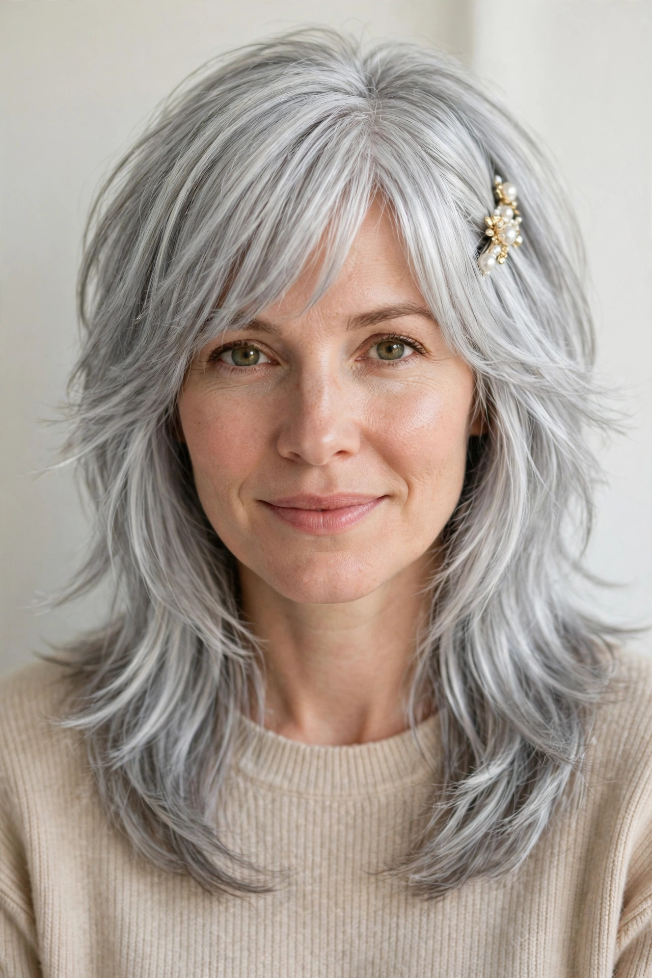 Layered Shag Haircuts for Fine Hair with Added Movement in silver with a glossy and neat finish