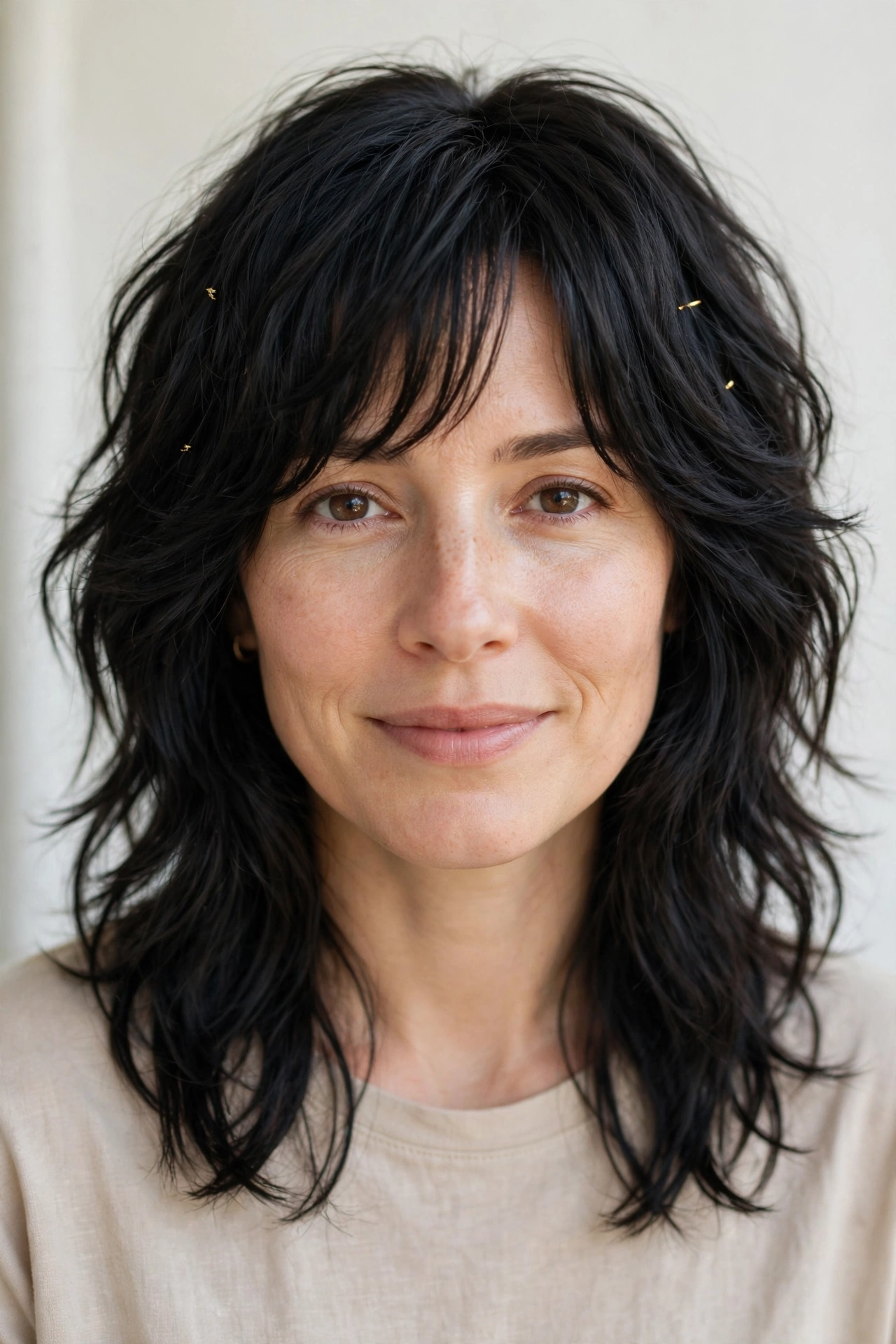 Soft Black Layered Shag Haircuts for Fine Hair with Added Movement with Minimal Gold Pins
