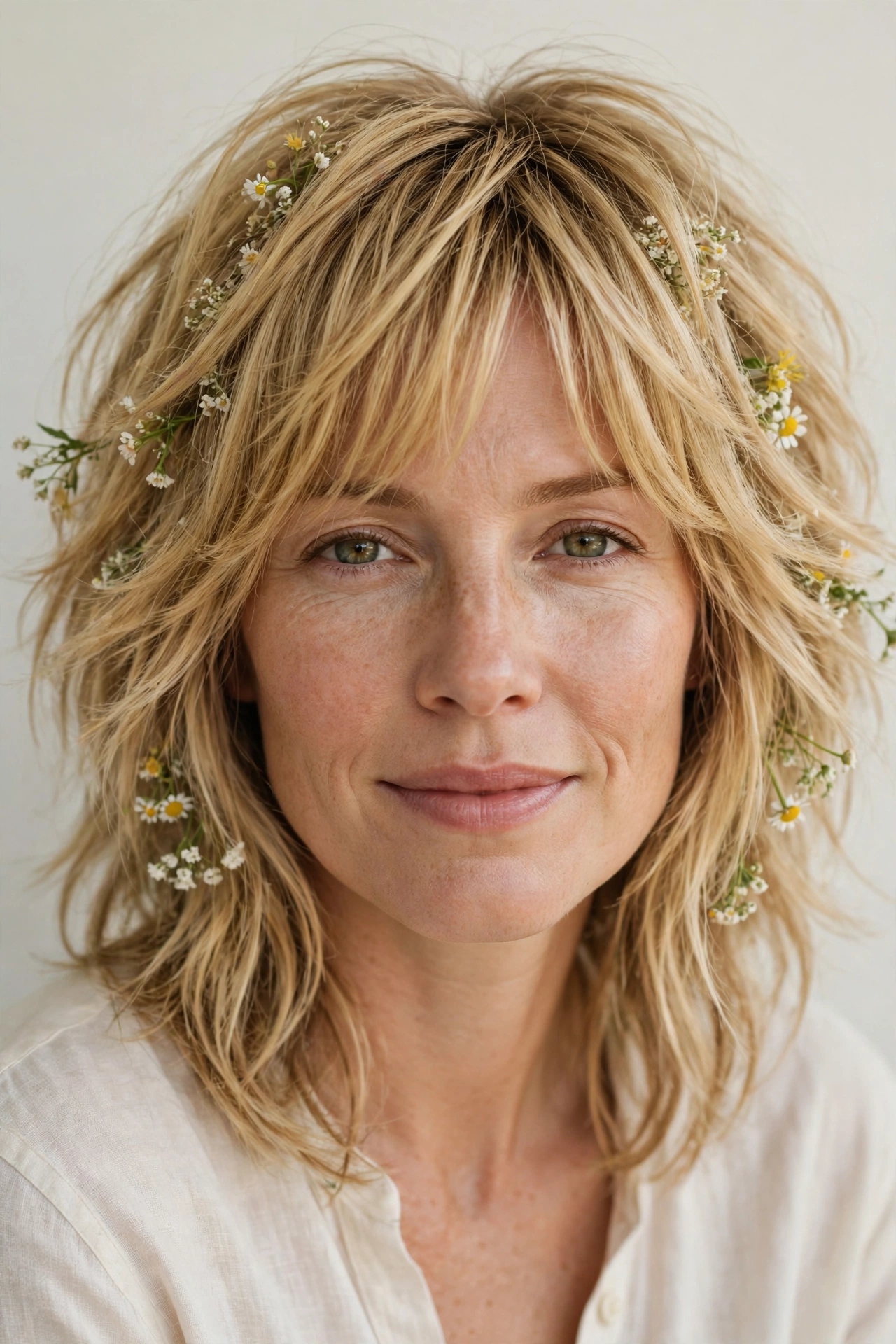 Golden Blonde Layered Shag Haircuts for Fine Hair with Added Movement with Tiny Fresh Flowers