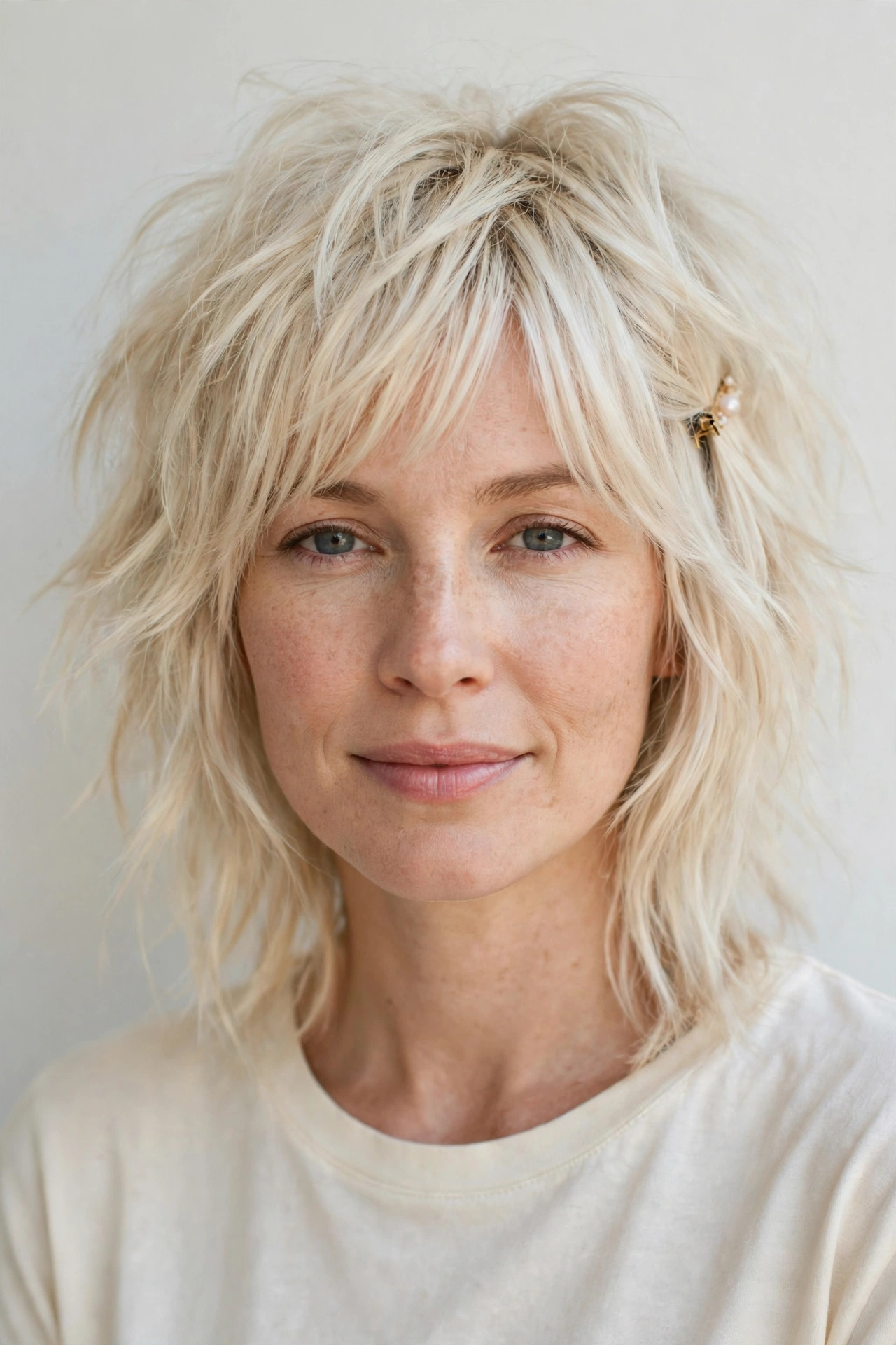 Layered Shag Haircuts for Fine Hair with Added Movement in platinum blonde with a gently tousled finish
