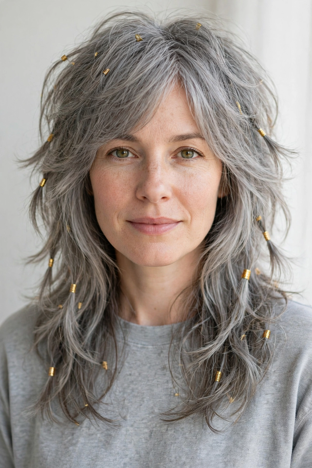 Soft Grey-Blended Layered Shag Haircuts for Fine Hair with Added Movement with Small Gold Cuffs