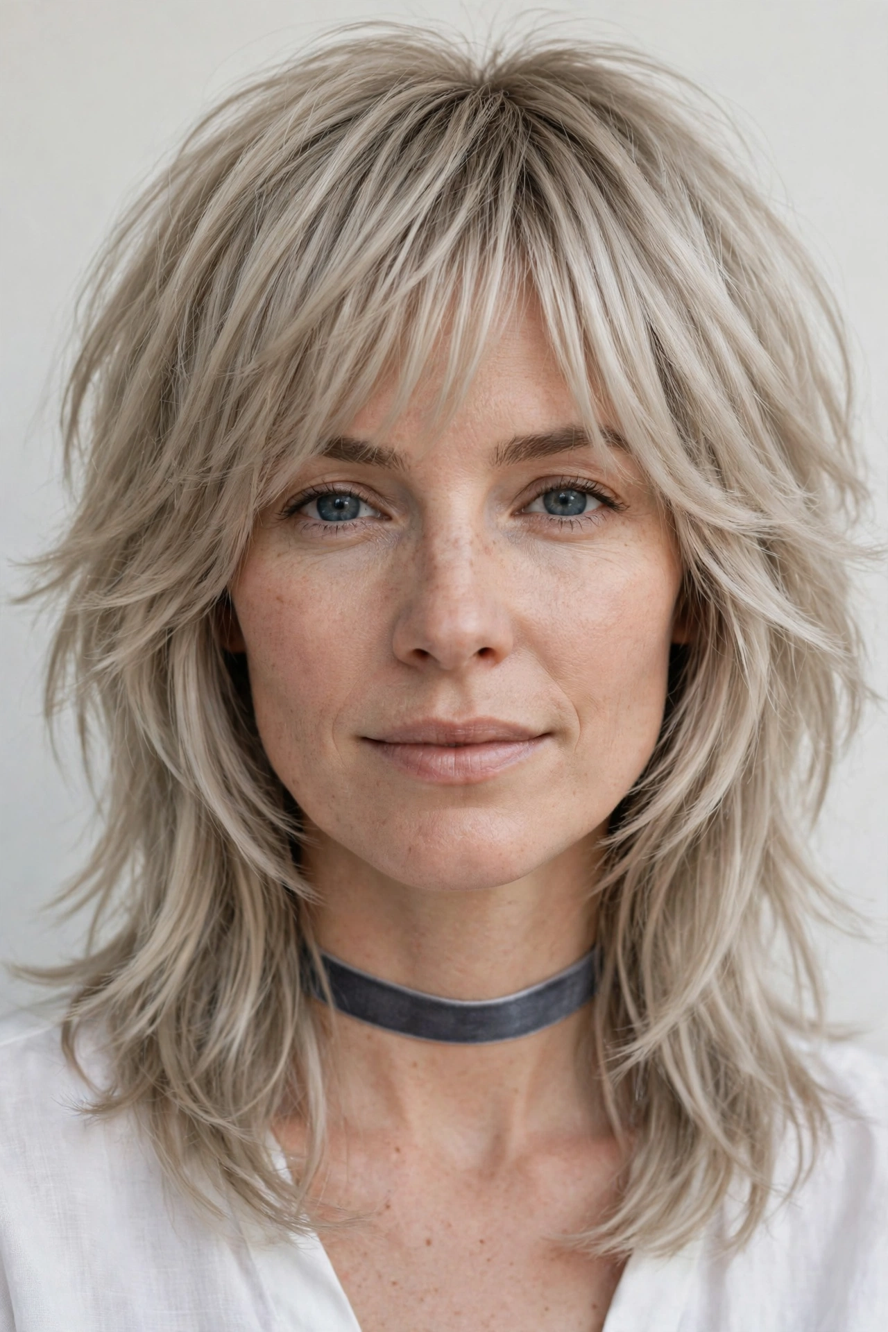 Layered Shag Haircuts for Fine Hair with Added Movement in ash blonde with a smooth and polished finish