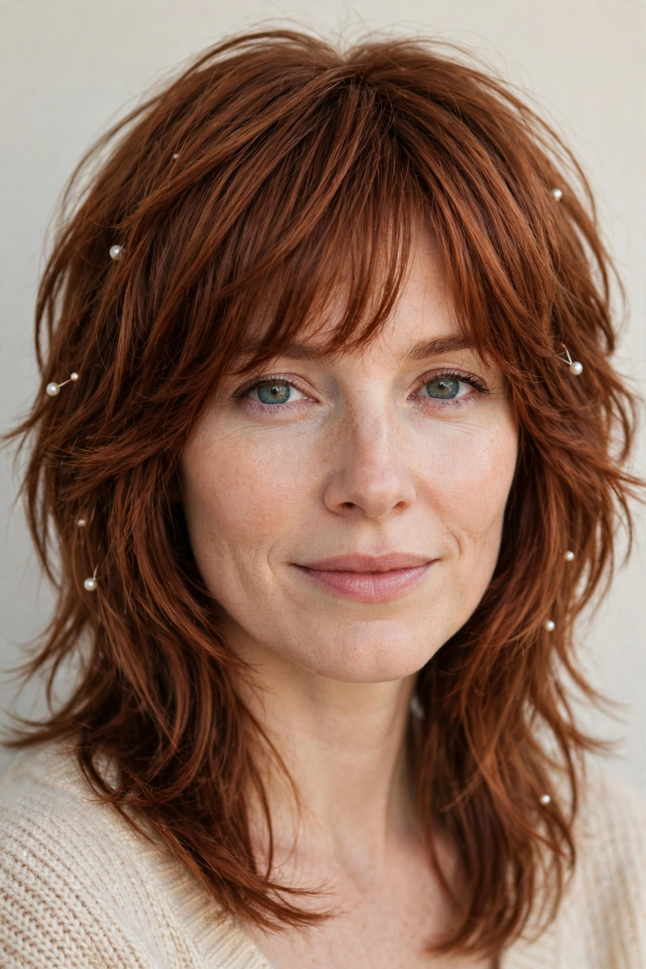 Soft Auburn Layered Shag Haircuts for Fine Hair with Added Movement with Delicate Pearl Pins