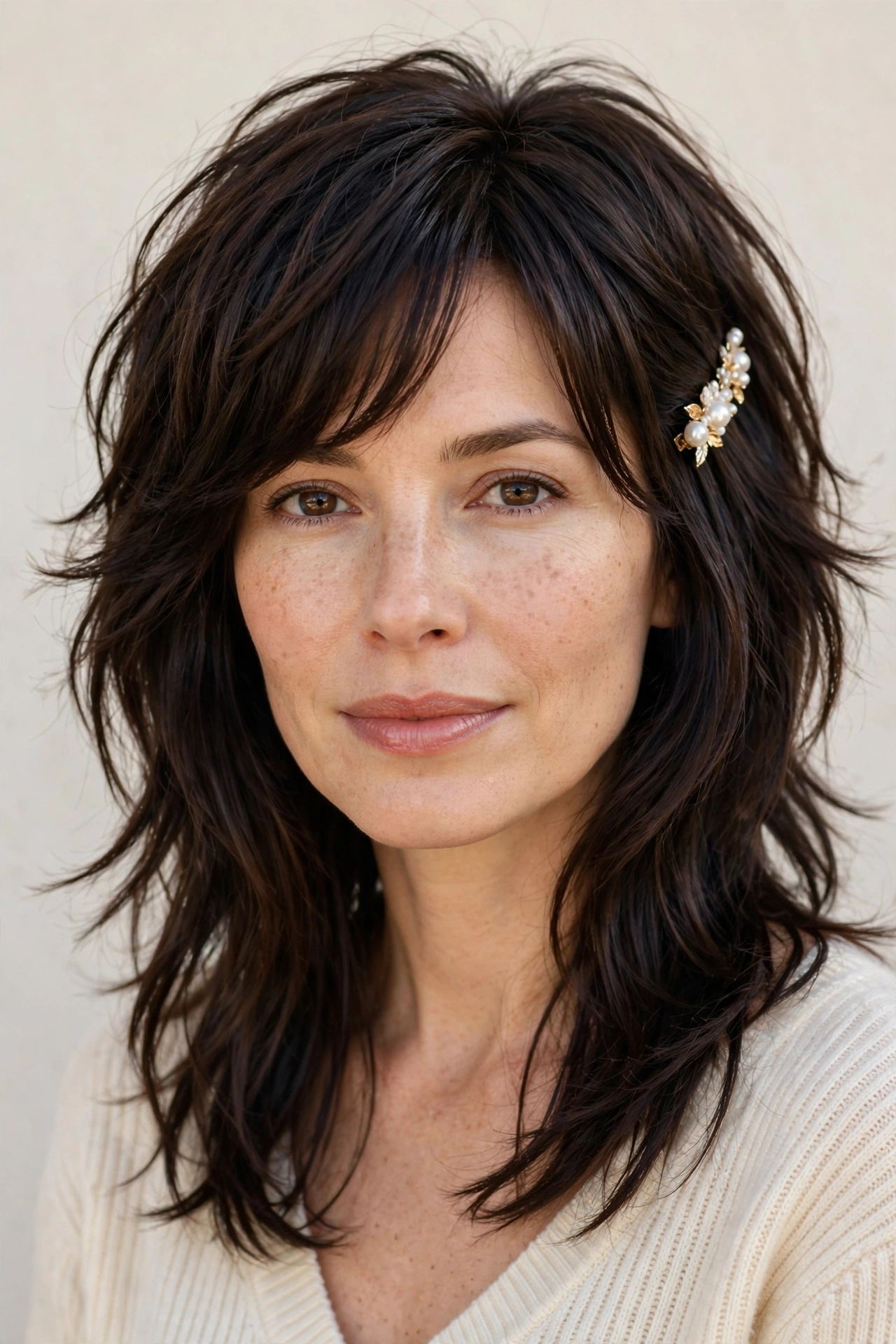 Layered Shag Haircuts for Fine Hair with Added Movement in deep brunette with a glossy and neat finish