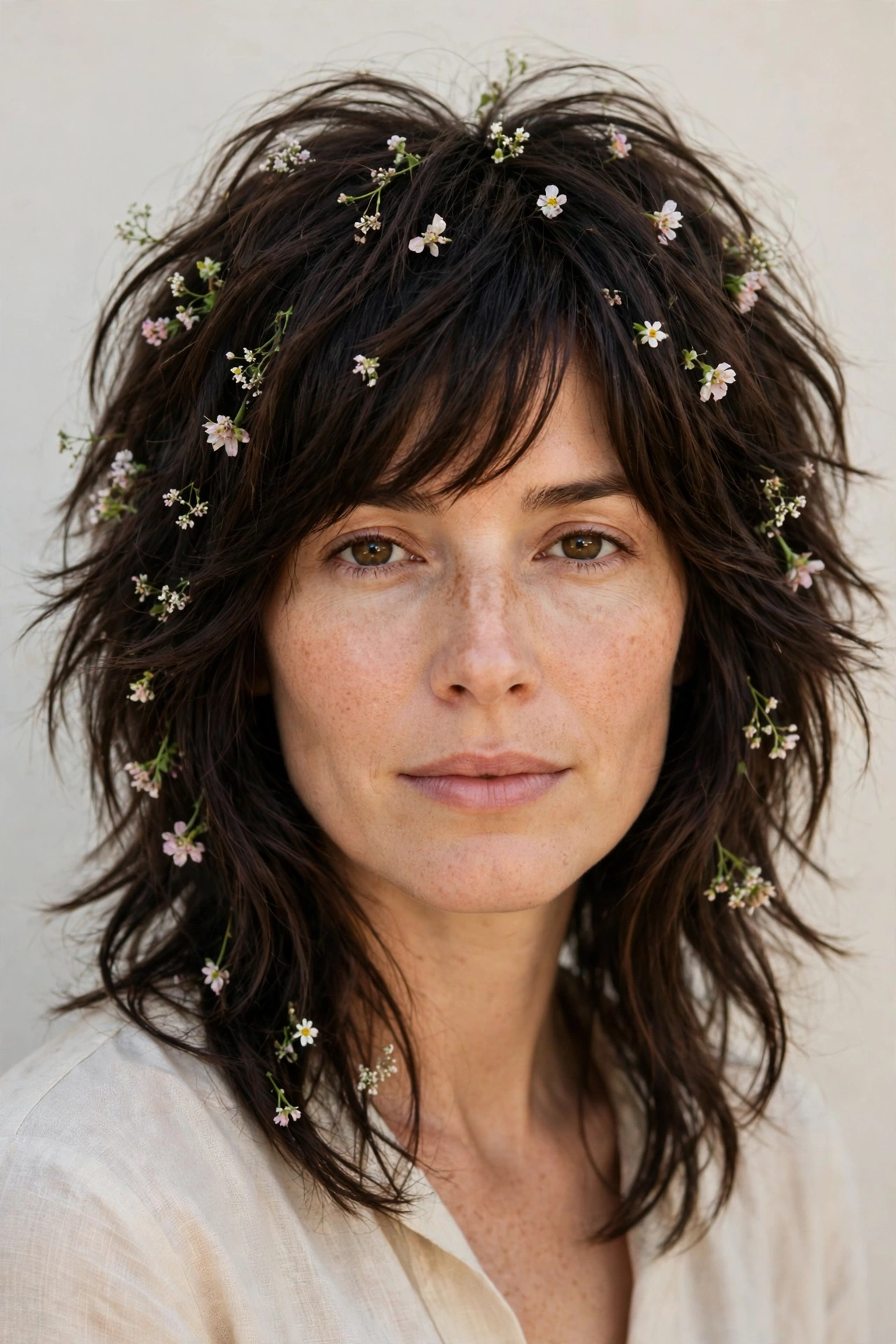 Deep Brunette Layered Shag Haircuts for Medium Length Hair with a Messy Finish with Tiny Fresh Flowers