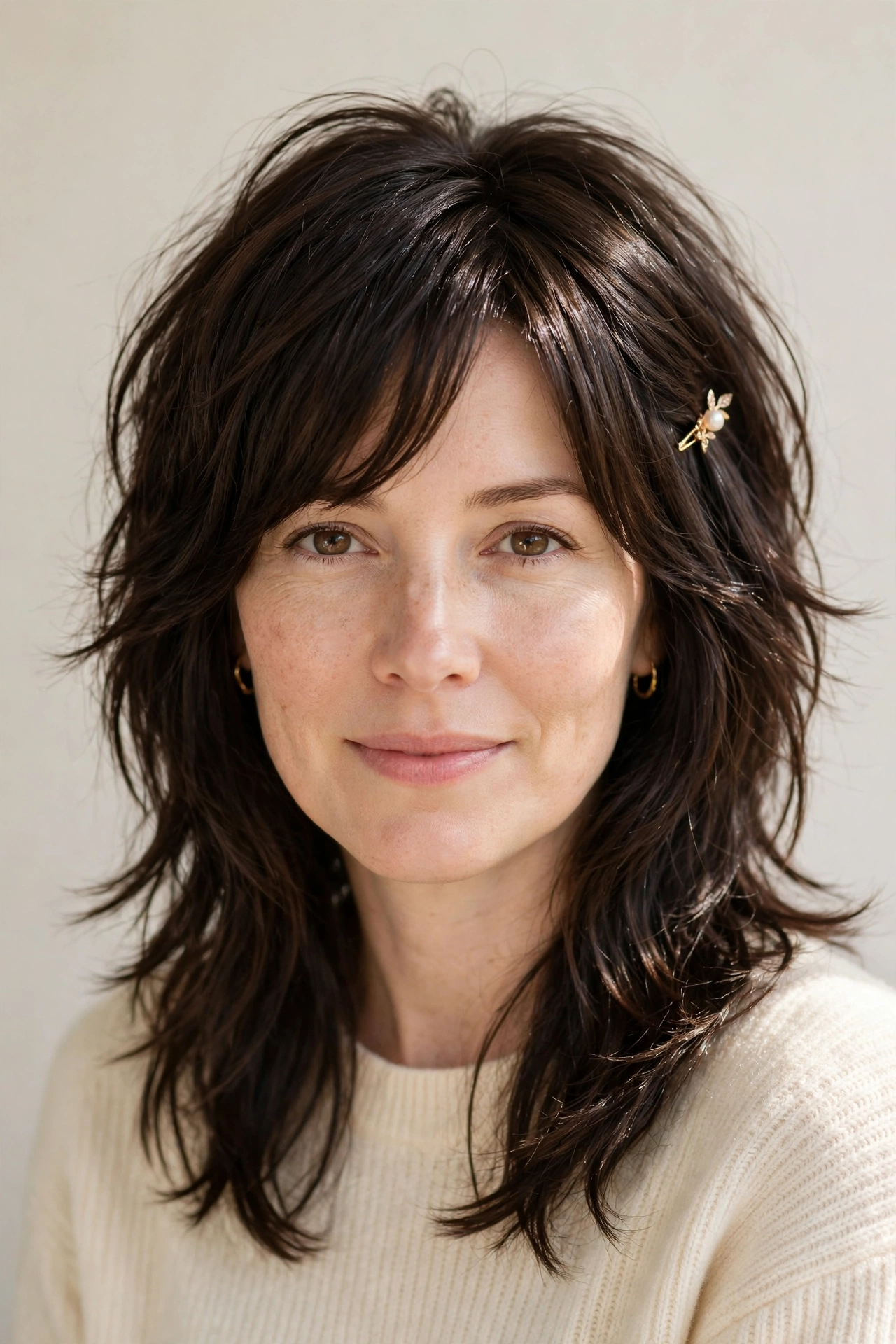 Layered Shag Haircuts for Medium Length Hair with a Messy Finish in dark chocolate with a sleek with shine finish
