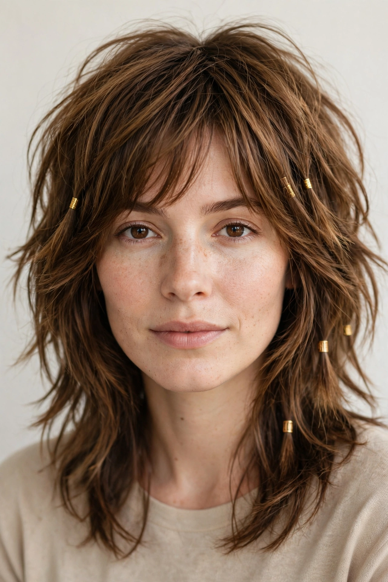 Warm Brown Layered Shag Haircuts for Medium Length Hair with a Messy Finish with Small Gold Cuffs