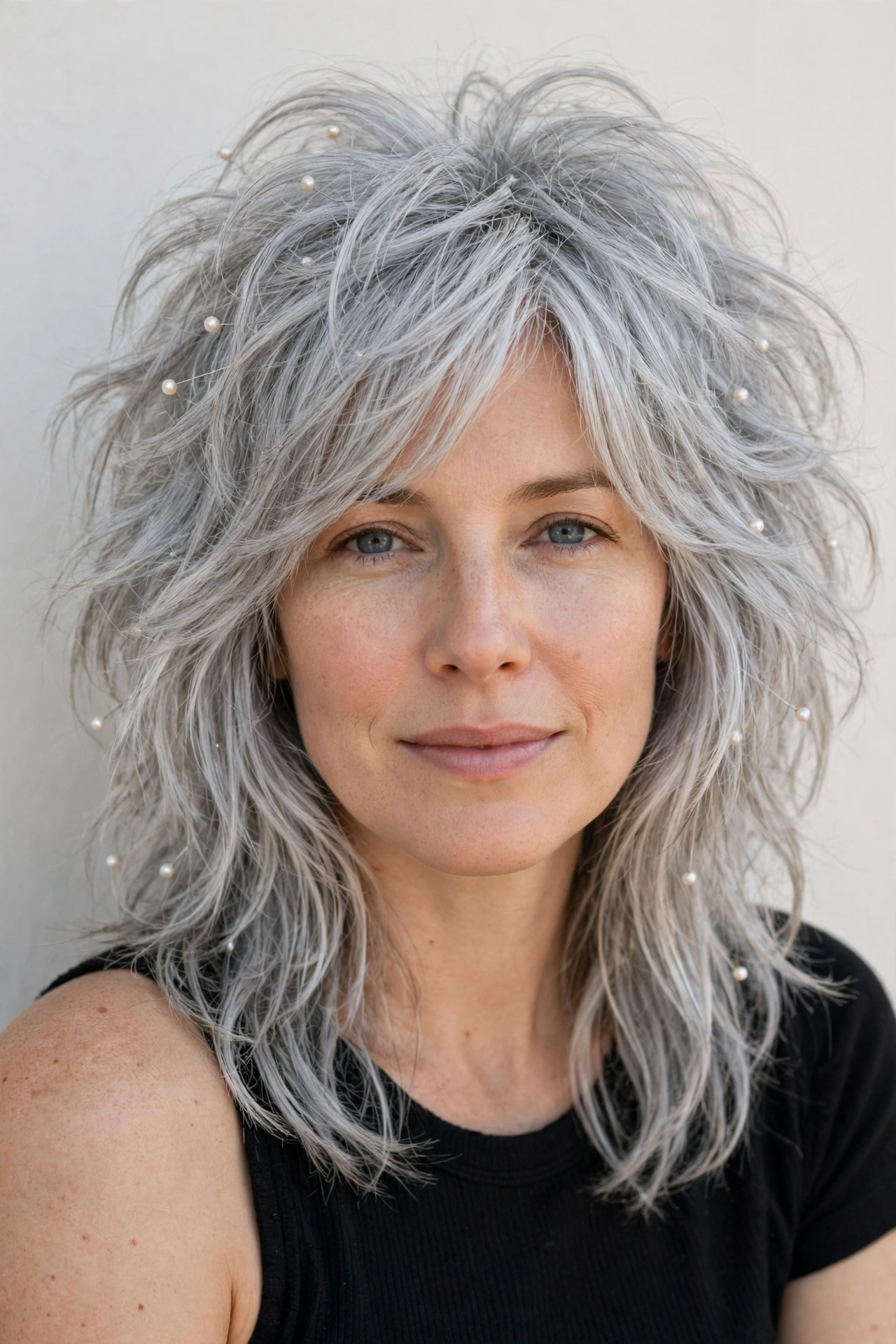Silver Layered Shag Haircuts for Medium Length Hair with a Messy Finish with Delicate Pearl Pins