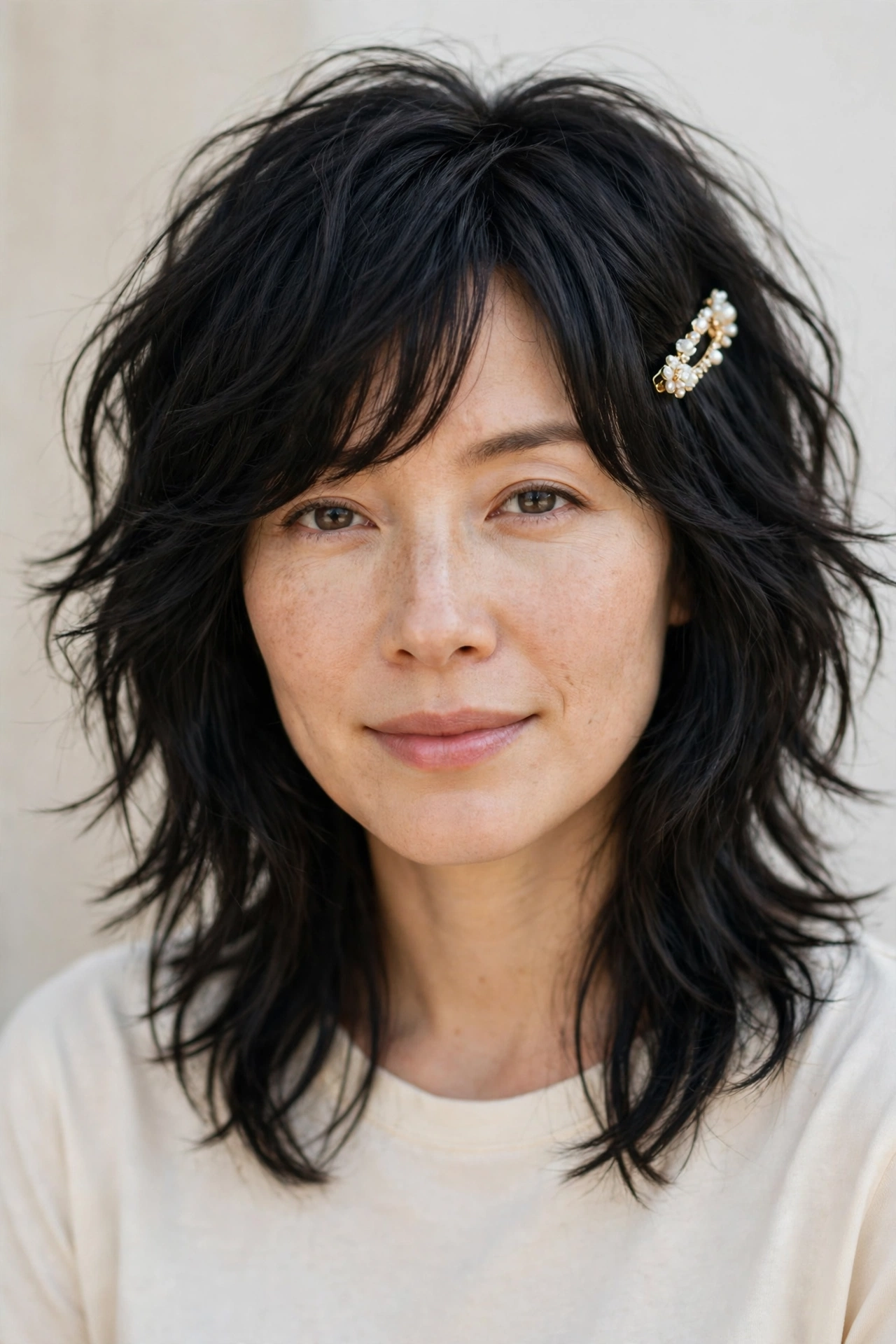 Layered Shag Haircuts for Medium Length Hair with a Messy Finish in soft black with a relaxed with movement finish