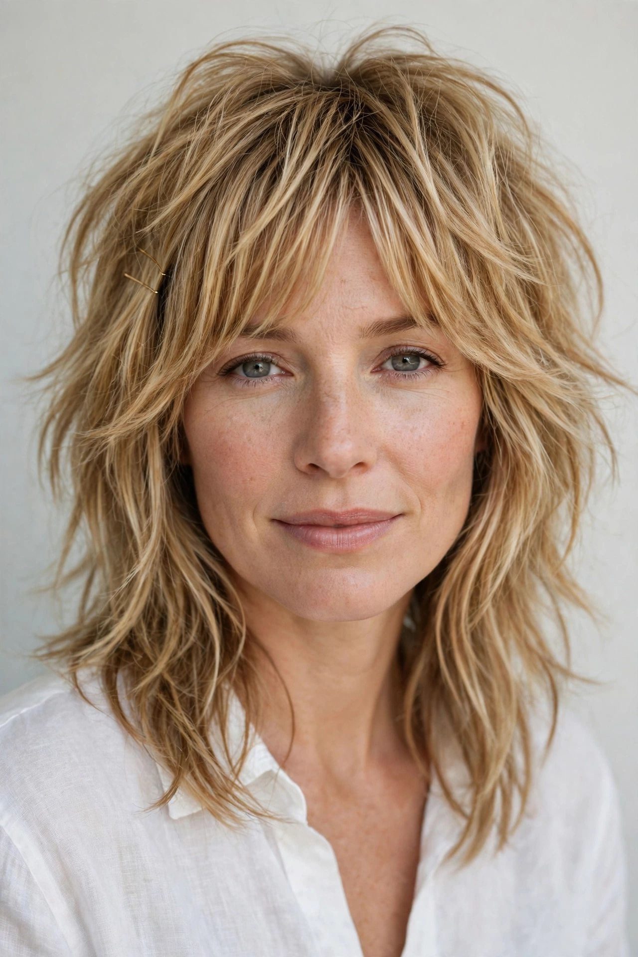 Honey Blonde Layered Shag Haircuts for Medium Length Hair with a Messy Finish with Minimal Gold Pins