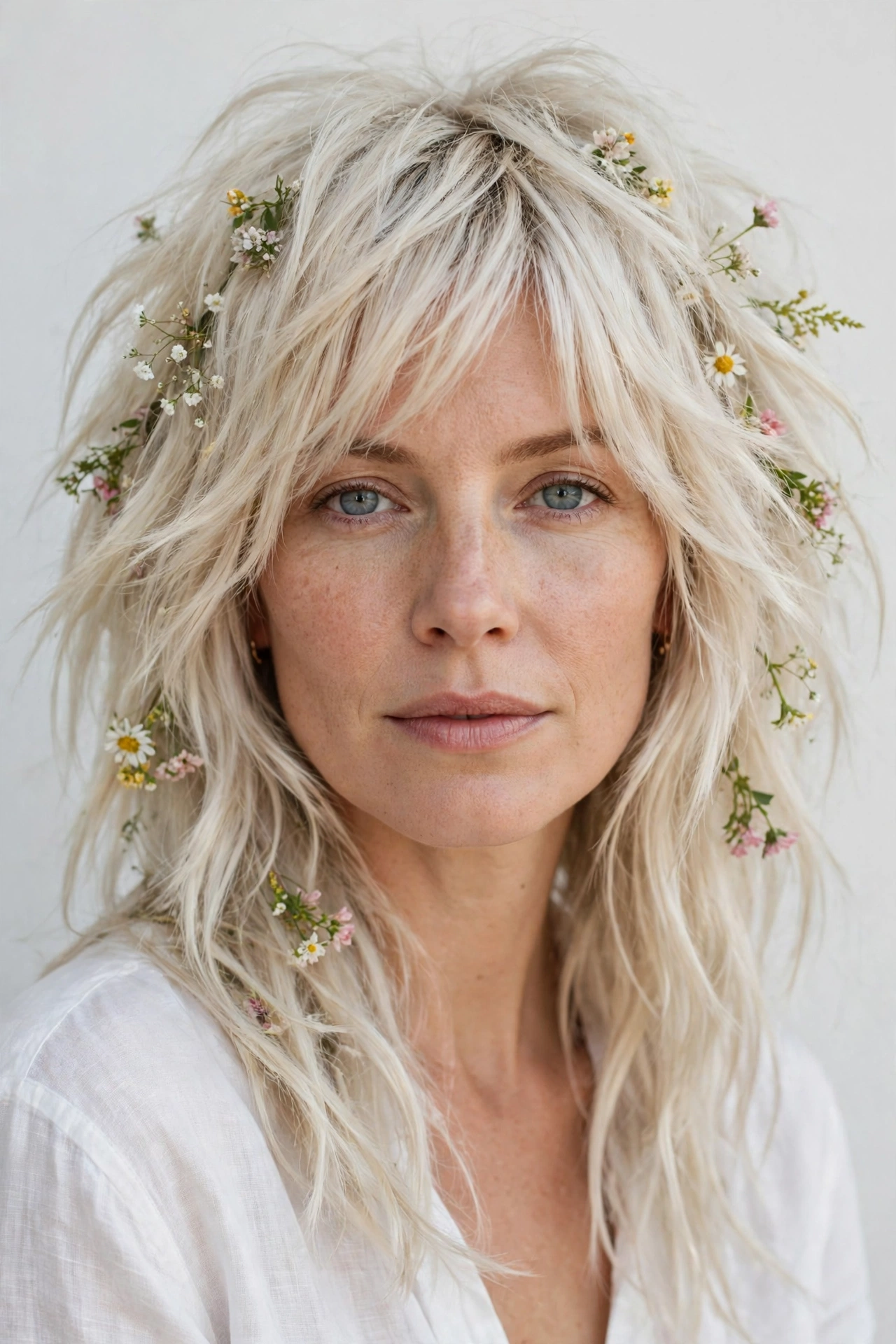 Platinum Blonde Layered Shag Haircuts for Medium Length Hair with a Messy Finish with Tiny Fresh Flowers