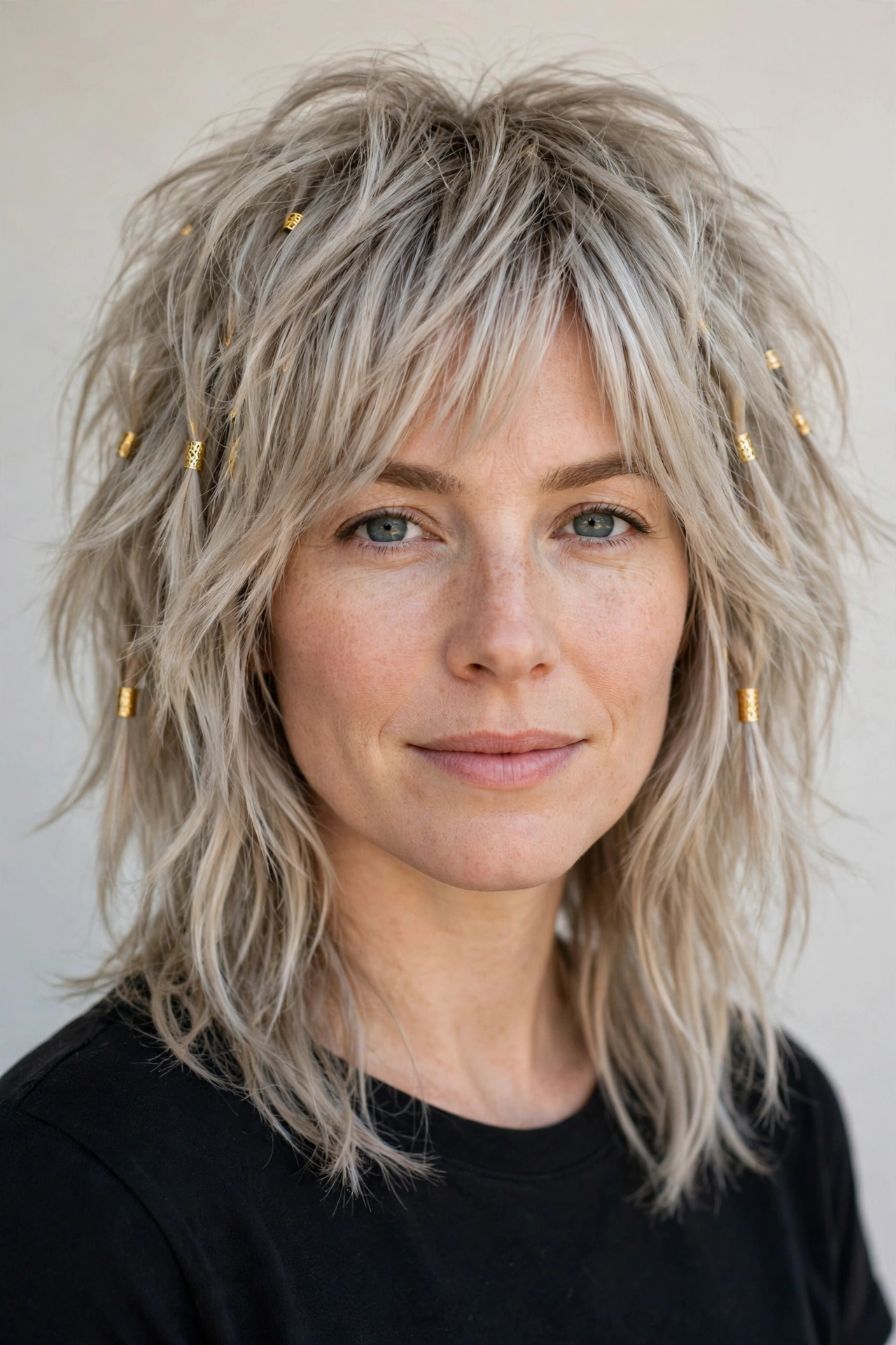 Ash Blonde Layered Shag Haircuts for Medium Length Hair with a Messy Finish with Small Gold Cuffs