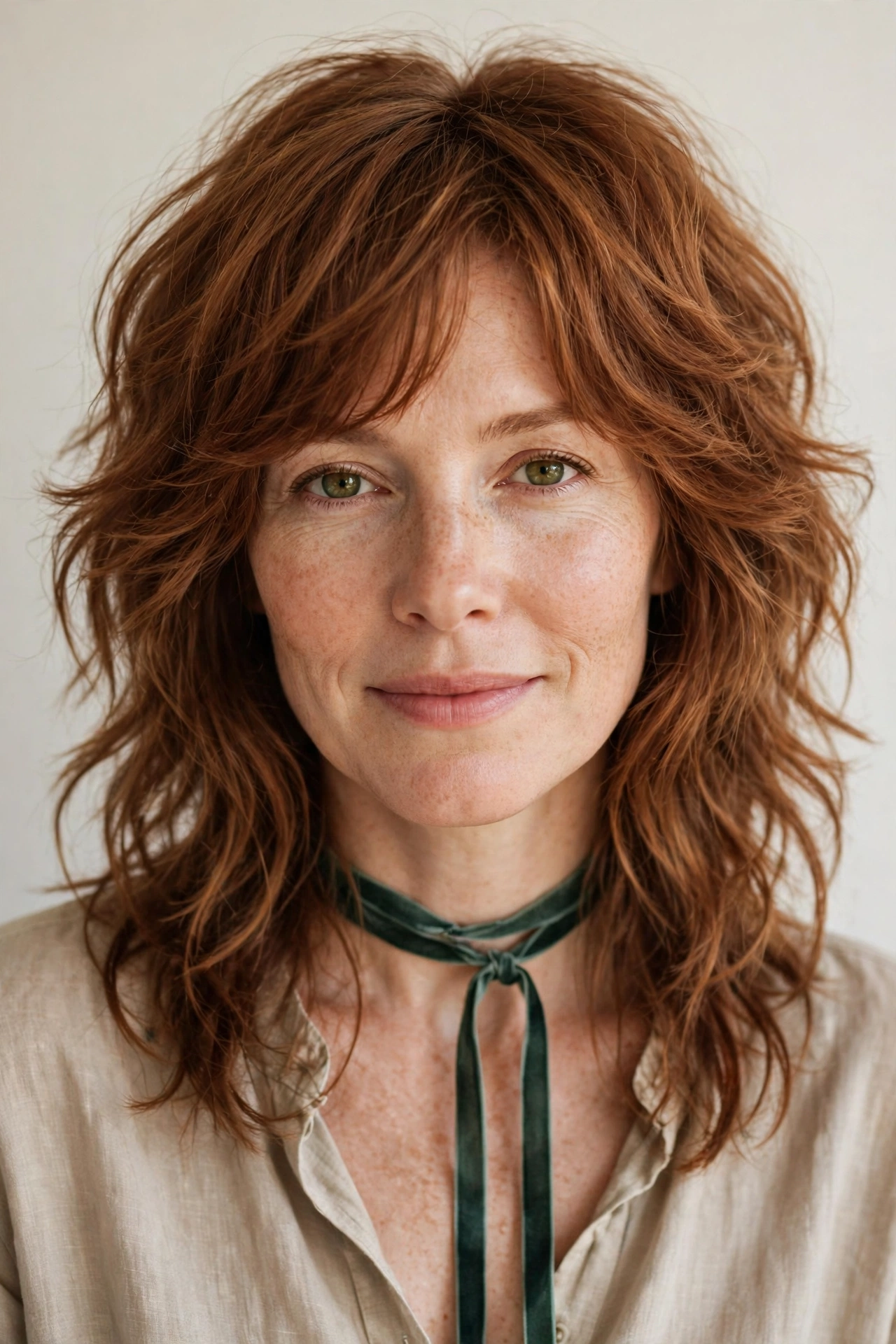 Layered Shag Haircuts for Medium Length Hair with a Messy Finish in soft auburn with a softly waved finish