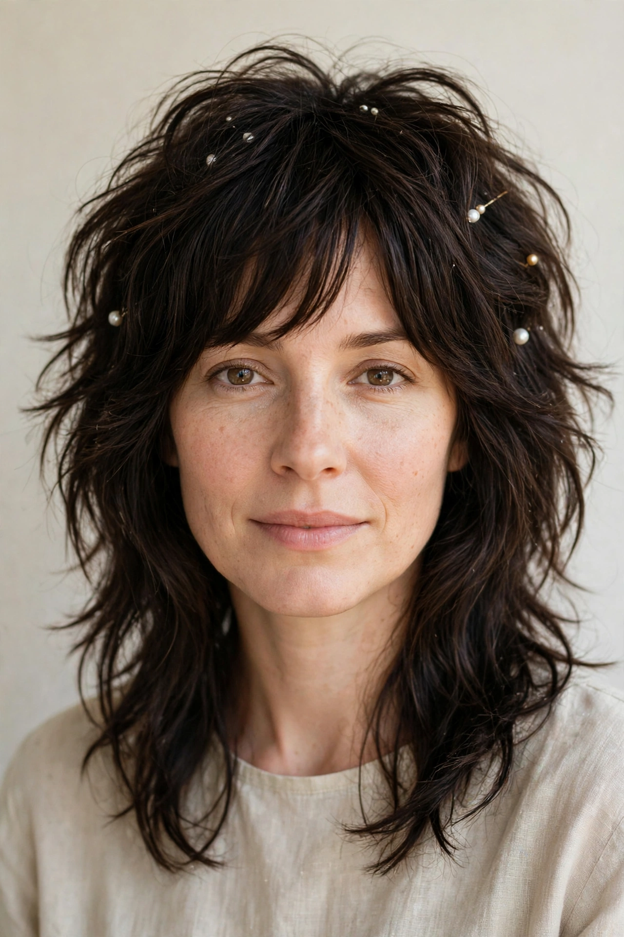 Deep Brunette Layered Shag Haircuts for Medium Length Hair with a Messy Finish with Delicate Pearl Pins