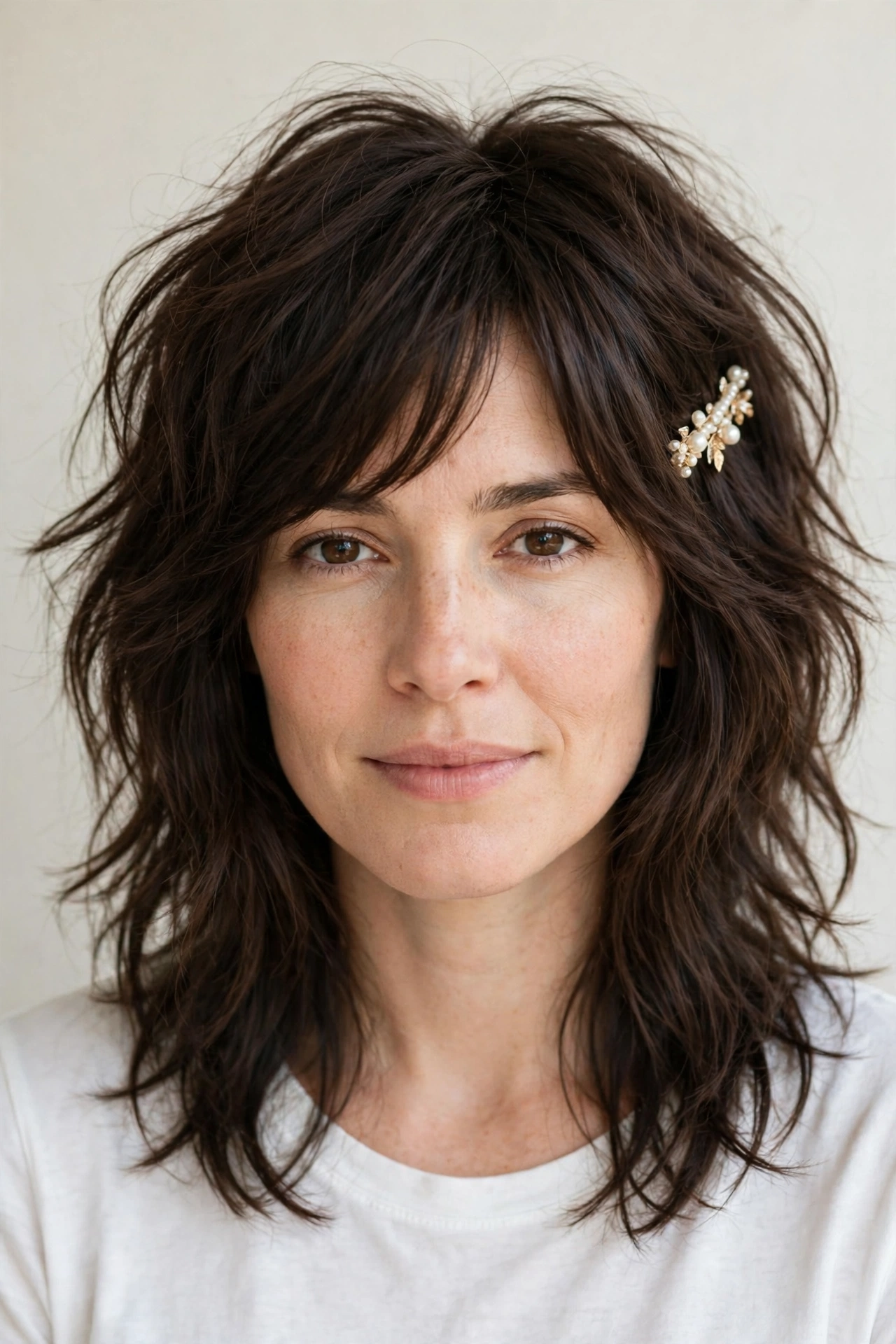 Layered Shag Haircuts for Medium Length Hair with a Messy Finish in dark chocolate with a relaxed with movement finish