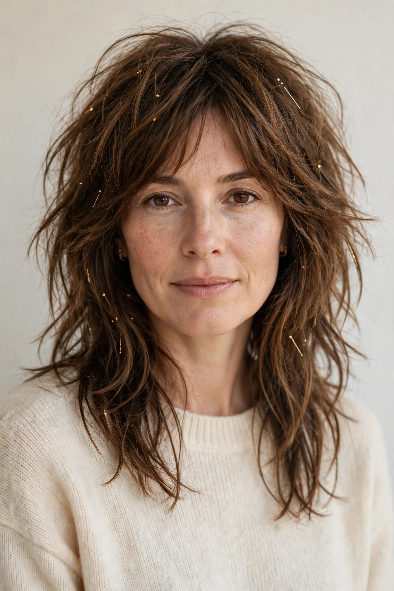 Warm Brown Layered Shag Haircuts for Medium Length Hair with a Messy Finish with Minimal Gold Pins