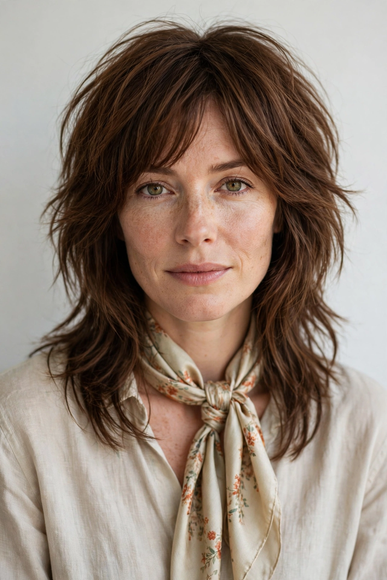 Layered Shag Haircuts for Medium Length Hair with a Messy Finish in chestnut with a softly textured finish