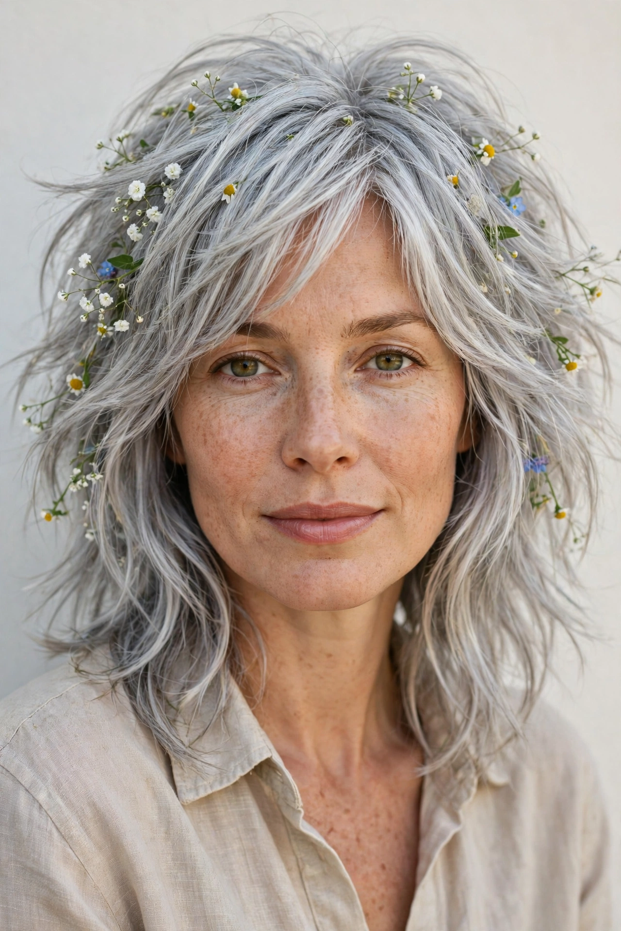 Silver Layered Shag Haircuts for Medium Length Hair with a Messy Finish with Tiny Fresh Flowers