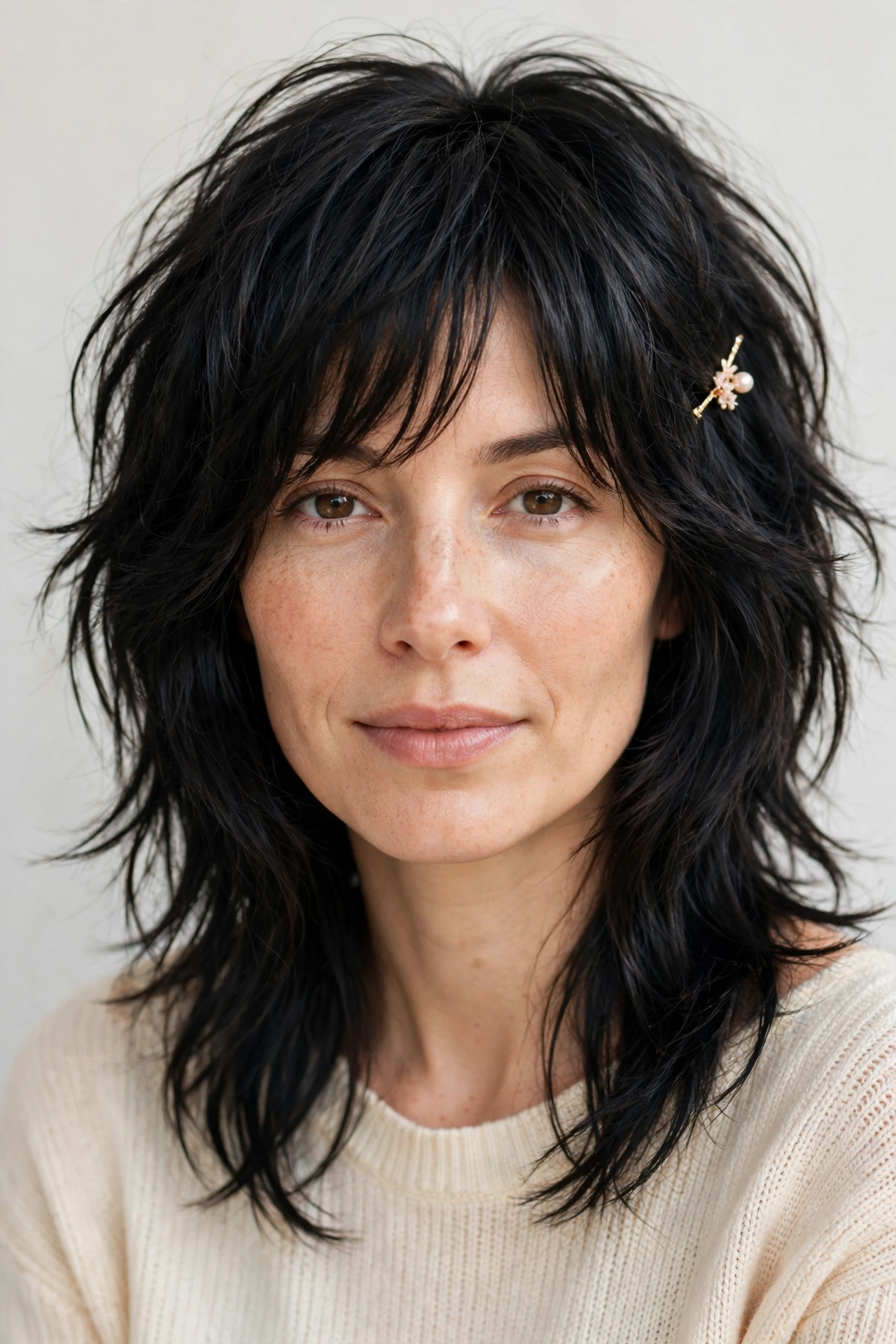 Layered Shag Haircuts for Medium Length Hair with a Messy Finish in soft black with a sleek with shine finish