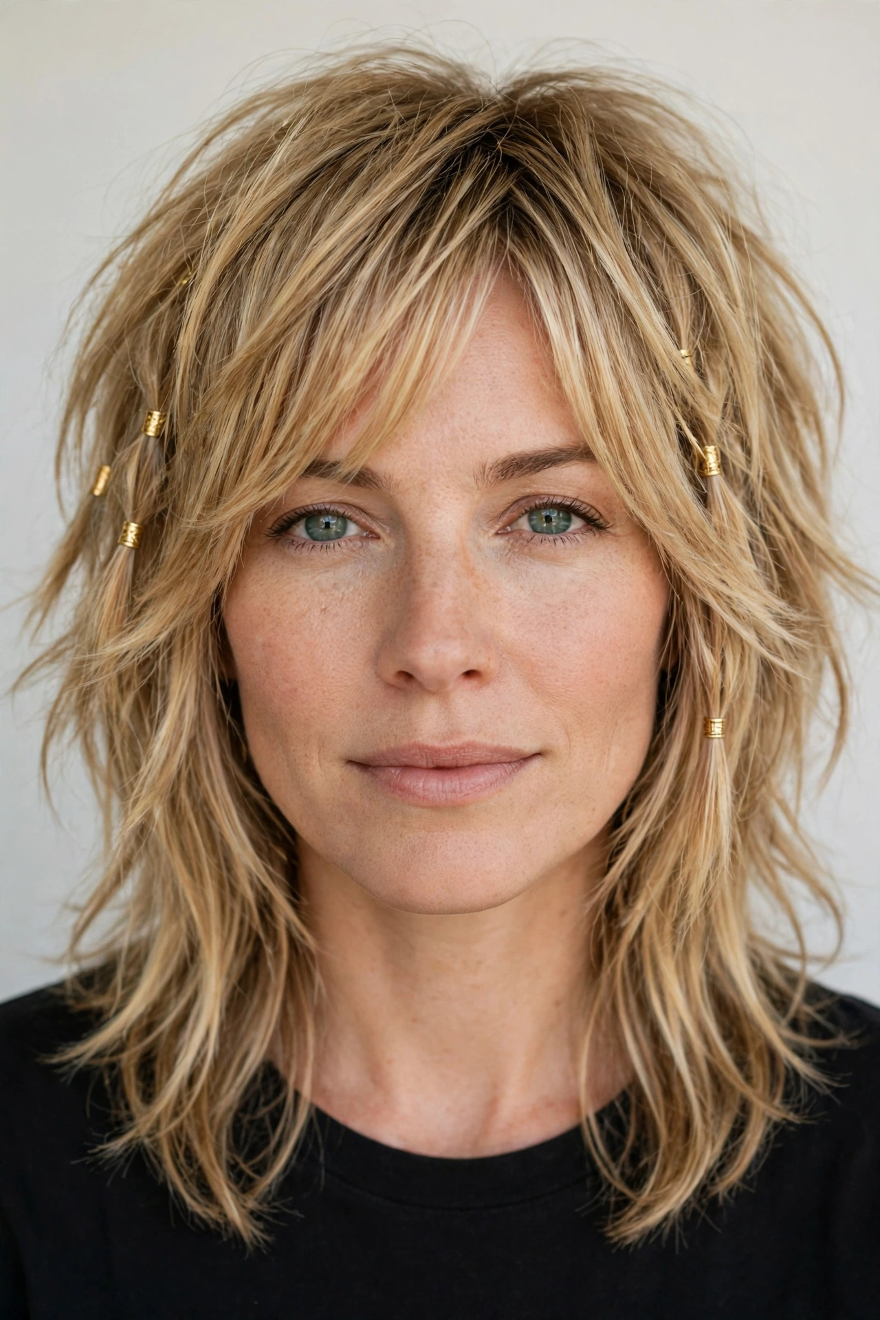 Honey Blonde Layered Shag Haircuts for Medium Length Hair with a Messy Finish with Small Gold Cuffs
