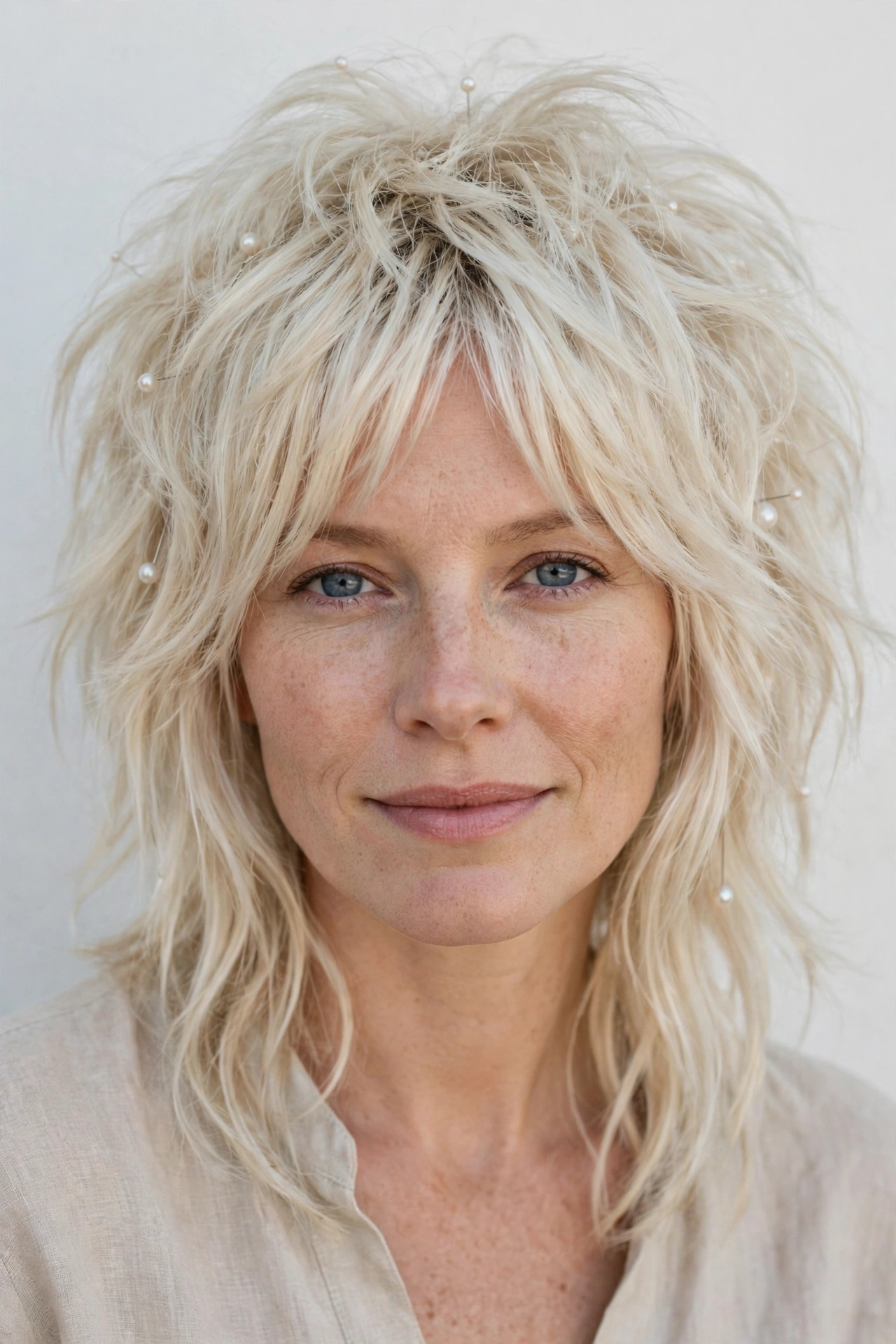 Platinum Blonde Layered Shag Haircuts for Medium Length Hair with a Messy Finish with Delicate Pearl Pins