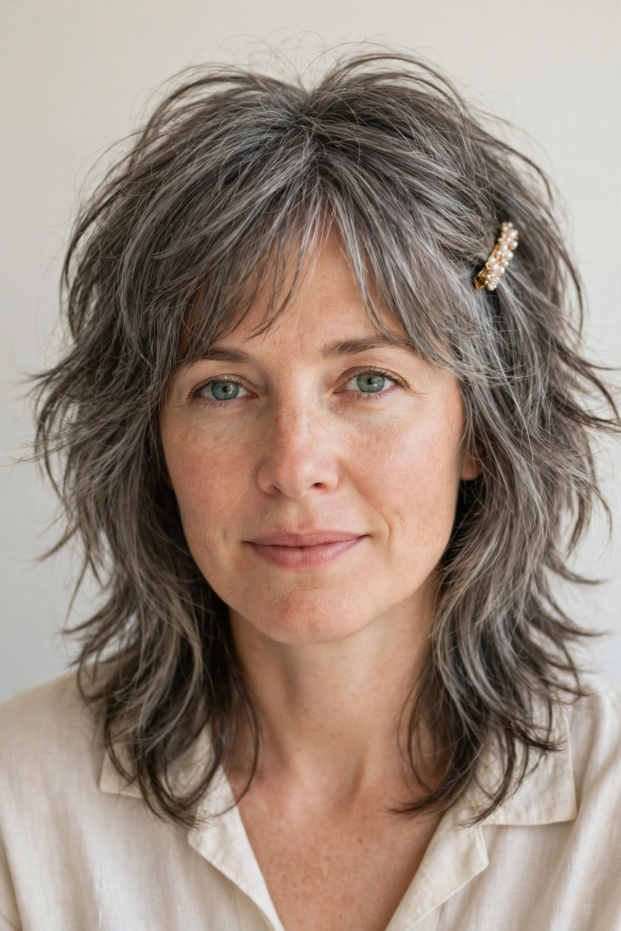 Layered Shag Haircuts for Medium Length Hair with a Messy Finish in soft grey-blended with a relaxed with movement finish