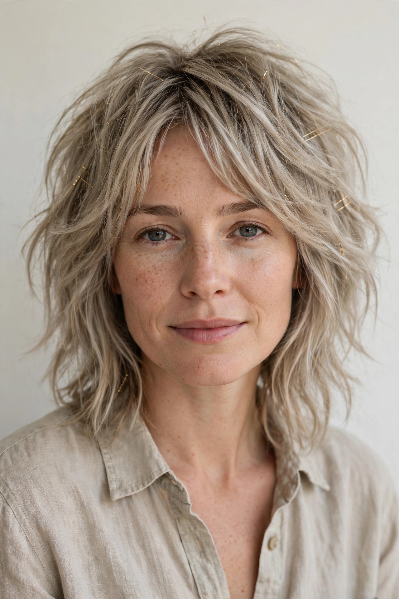 Ash Blonde Layered Shag Haircuts for Medium Length Hair with a Messy Finish with Minimal Gold Pins