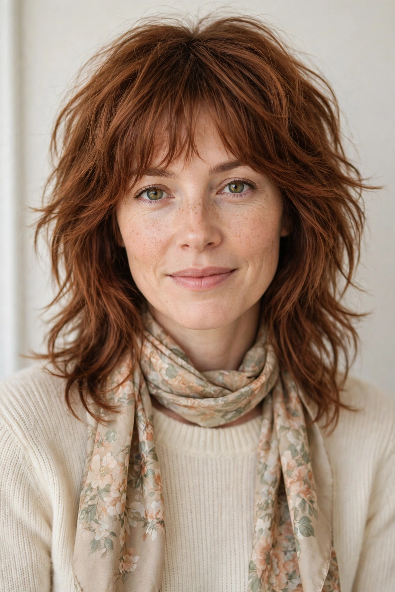 Layered Shag Haircuts for Medium Length Hair with a Messy Finish in soft auburn with a softly textured finish