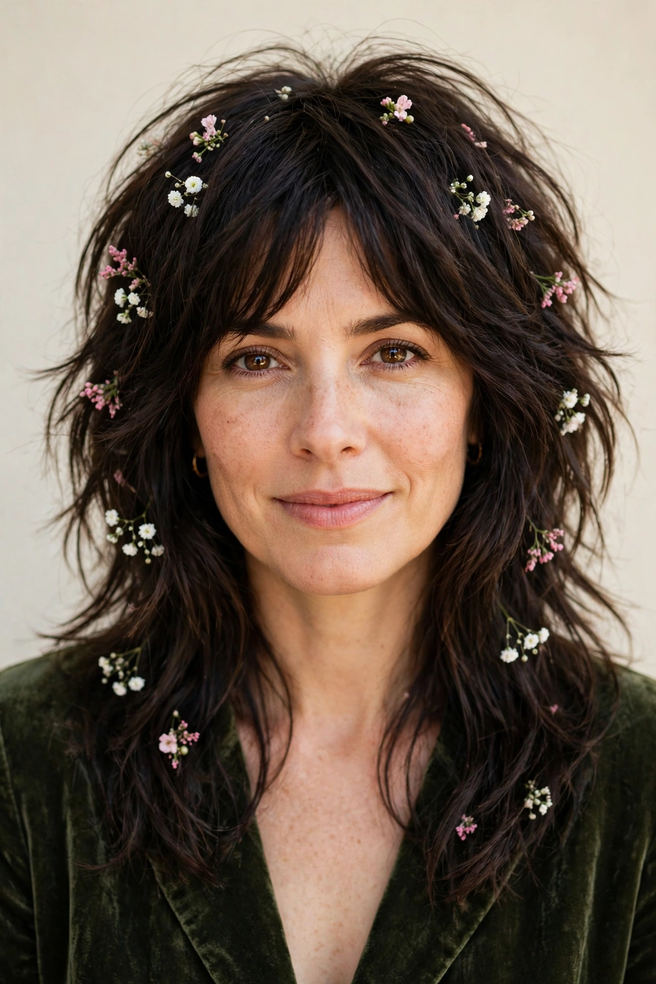 Deep Brunette Layered Shag Haircuts for Medium Length Hair with a Messy Finish with Tiny Fresh Flowers