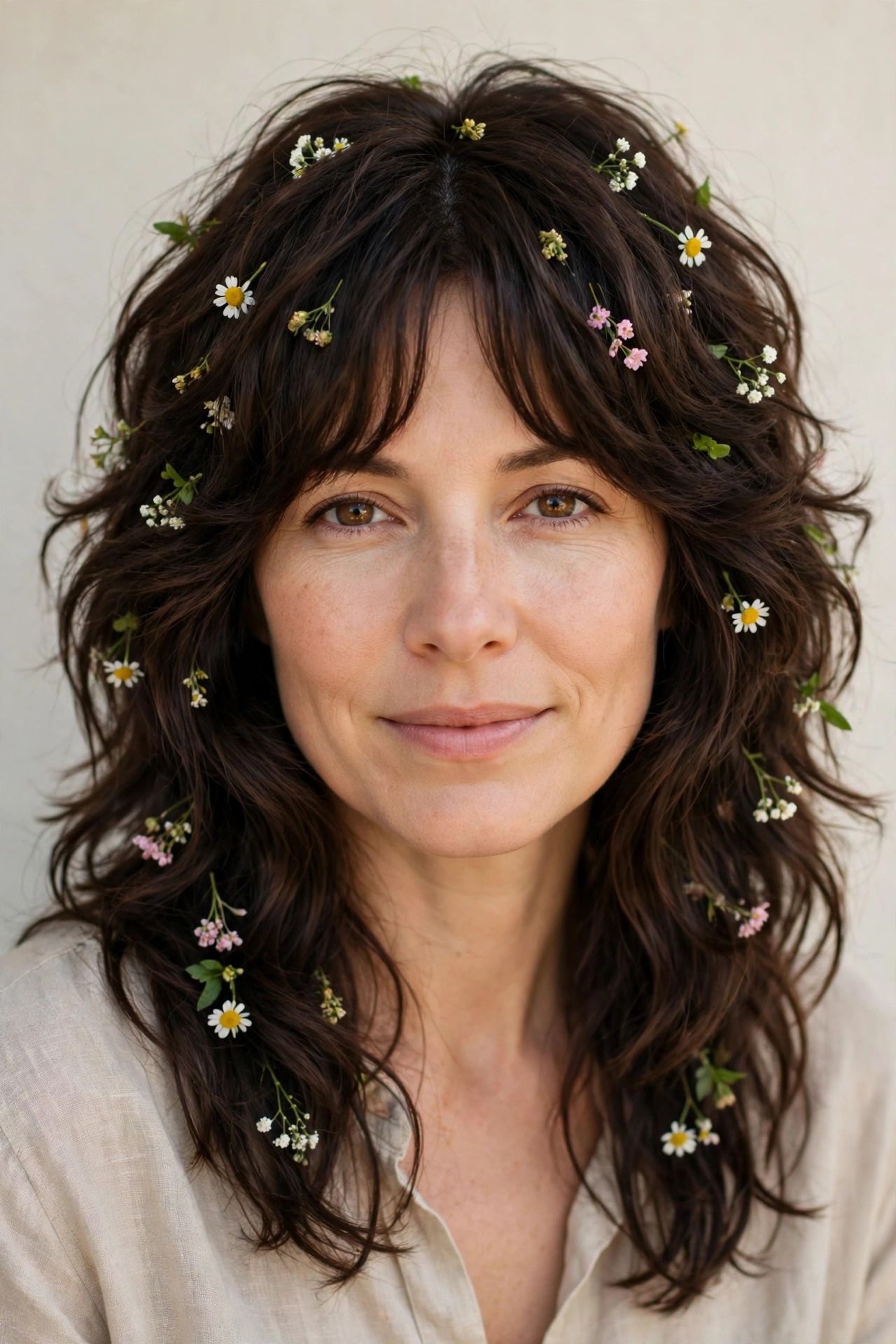 Dark Chocolate Layered Shag Haircuts for Spring with Soft Curtain Layers with Tiny Fresh Flowers