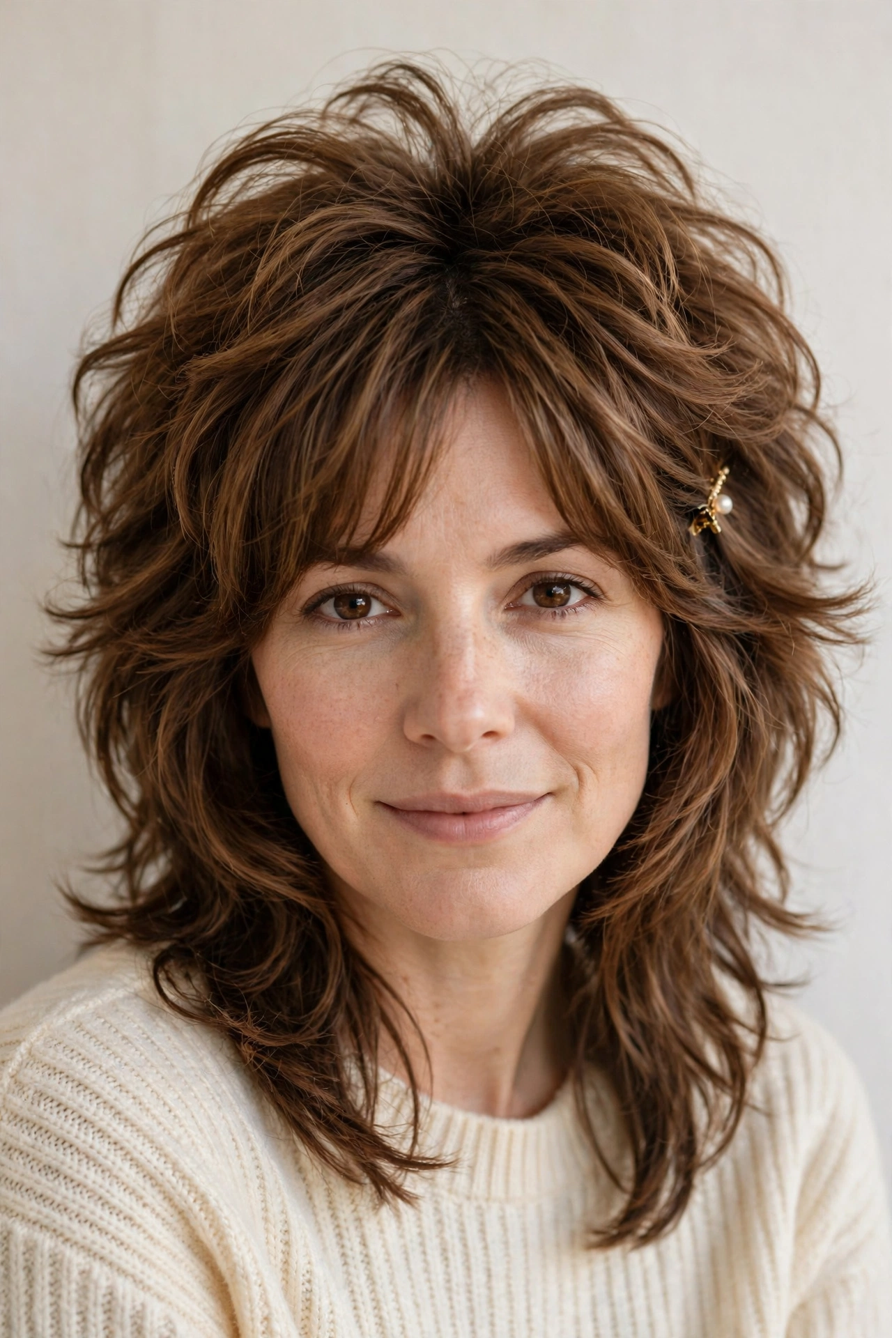 Layered Shag Haircuts for Spring with Soft Curtain Layers in warm brown with a voluminous at the roots finish