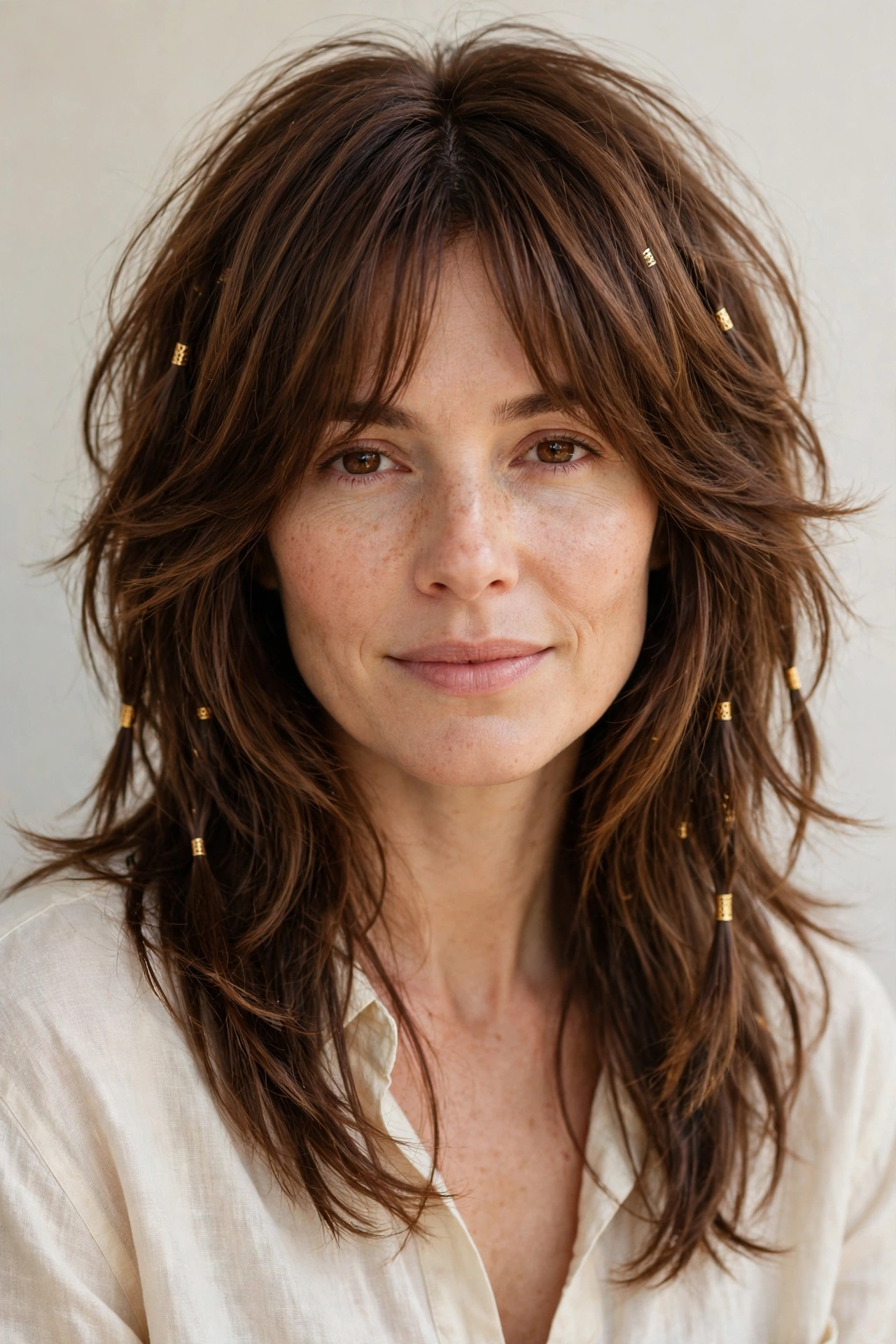 Chestnut Layered Shag Haircuts for Spring with Soft Curtain Layers with Small Gold Cuffs
