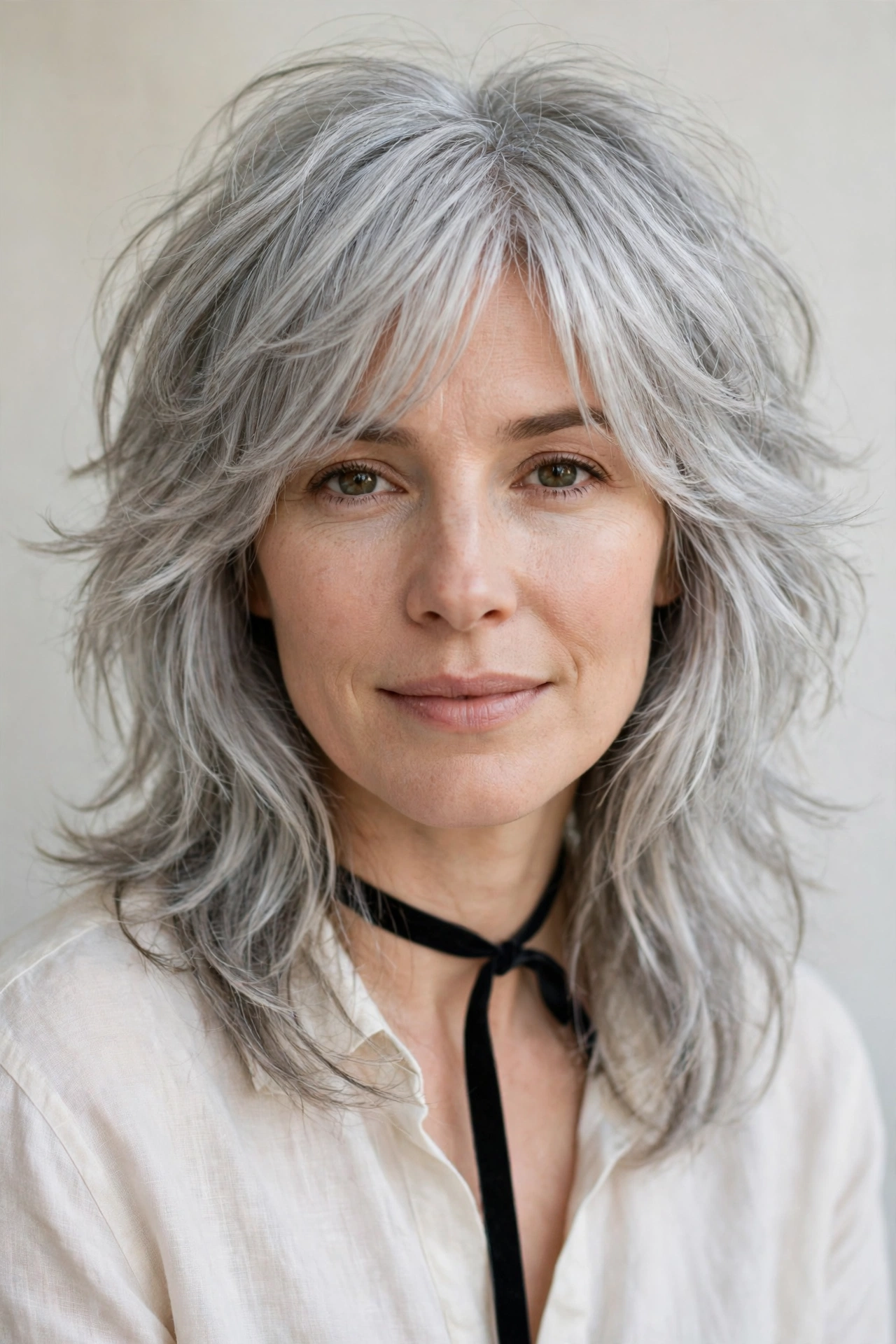 Layered Shag Haircuts for Spring with Soft Curtain Layers in silver with a gently tousled finish