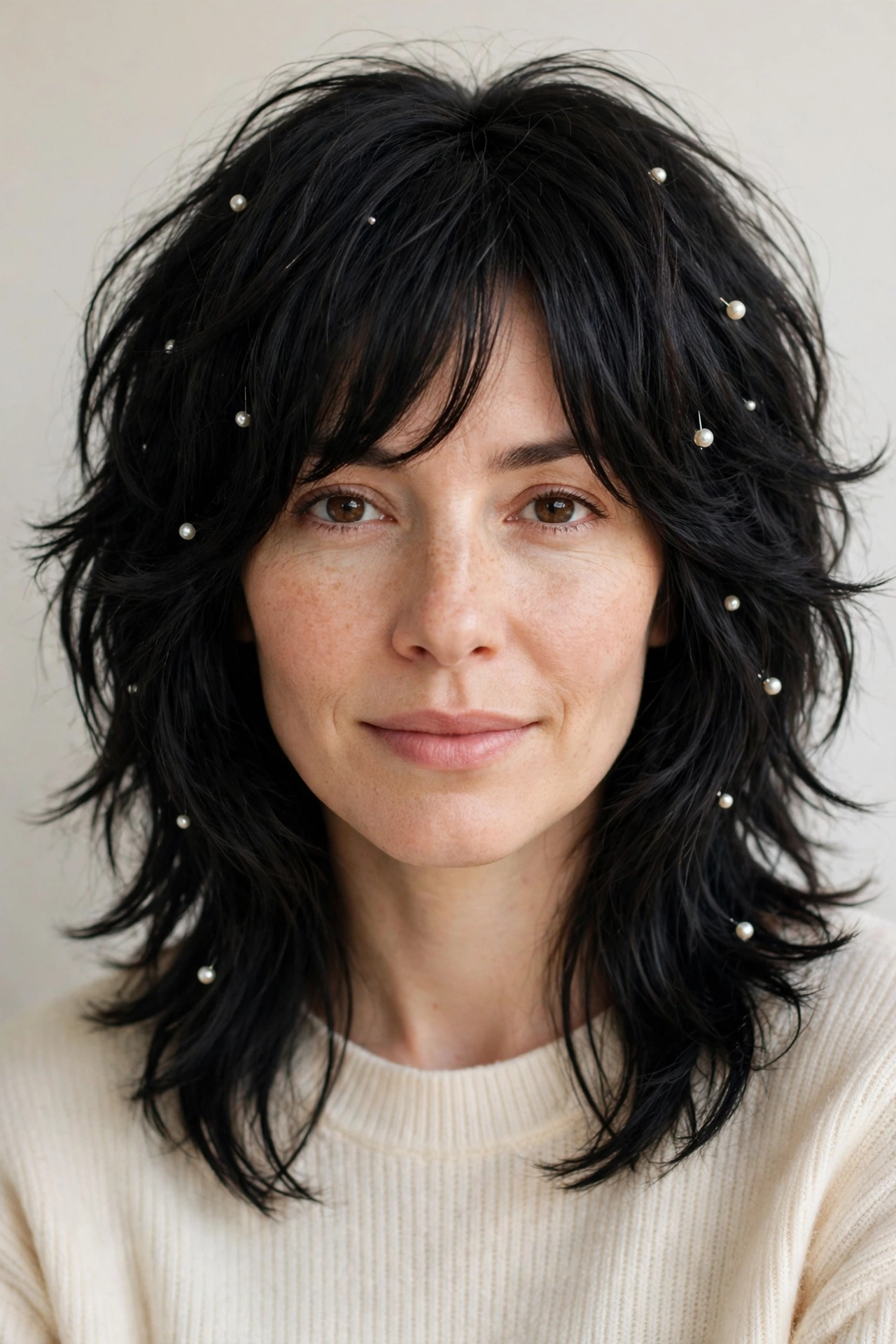 Soft Black Layered Shag Haircuts for Spring with Soft Curtain Layers with Delicate Pearl Pins