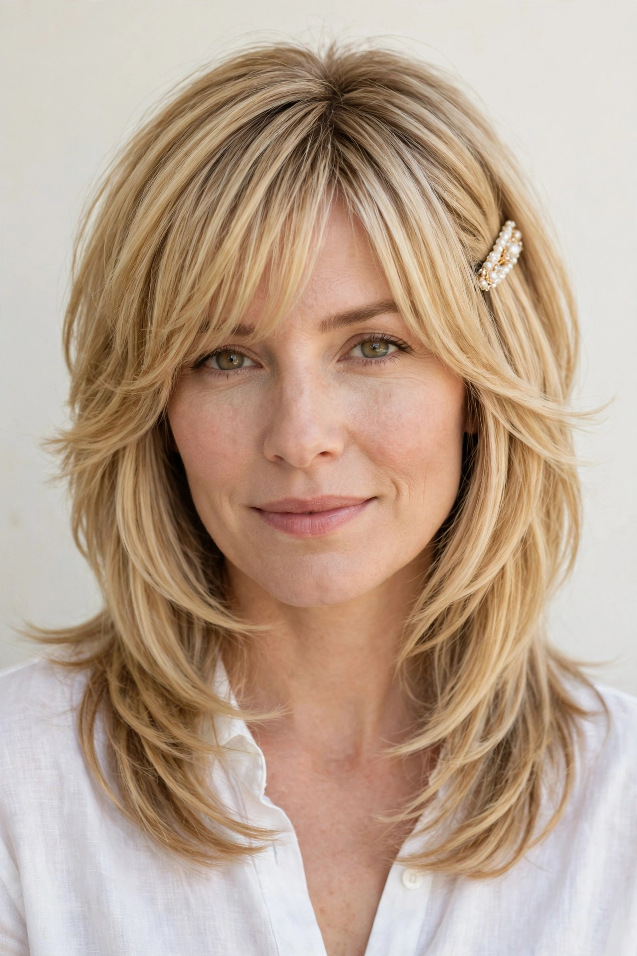 Layered Shag Haircuts for Spring with Soft Curtain Layers in honey blonde with a smooth and polished finish