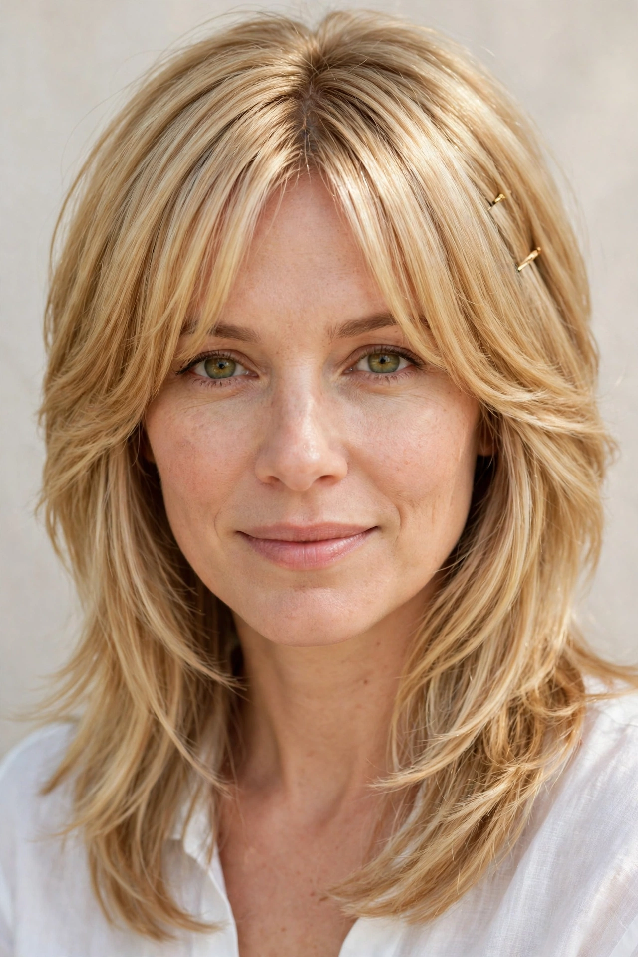Golden Blonde Layered Shag Haircuts for Spring with Soft Curtain Layers with Minimal Gold Pins