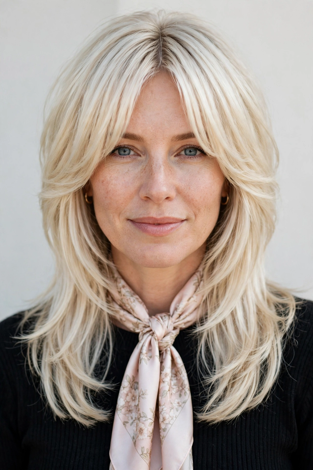 Layered Shag Haircuts for Spring with Soft Curtain Layers in platinum blonde with a glossy and neat finish