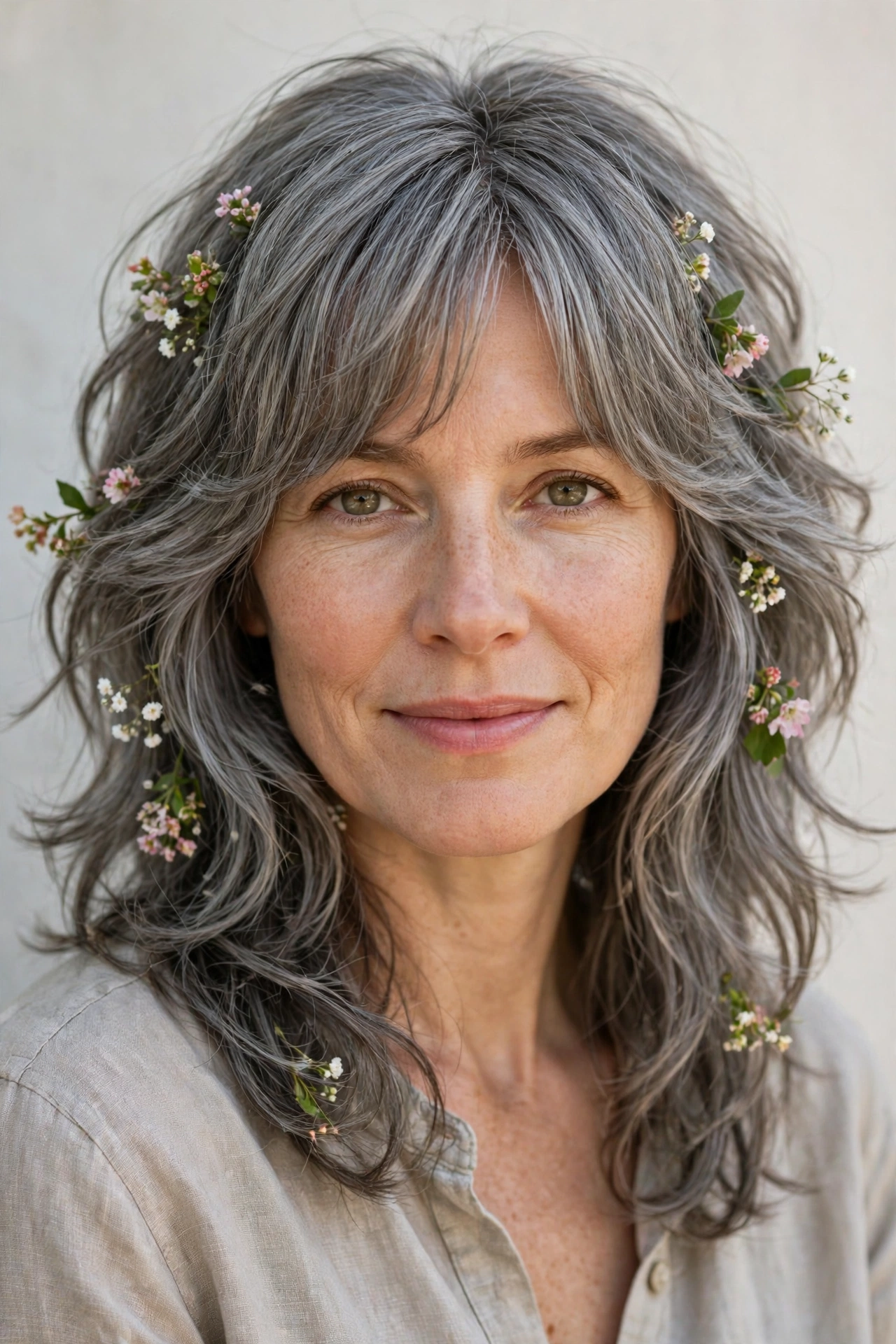 Soft Grey-Blended Layered Shag Haircuts for Spring with Soft Curtain Layers with Tiny Fresh Flowers