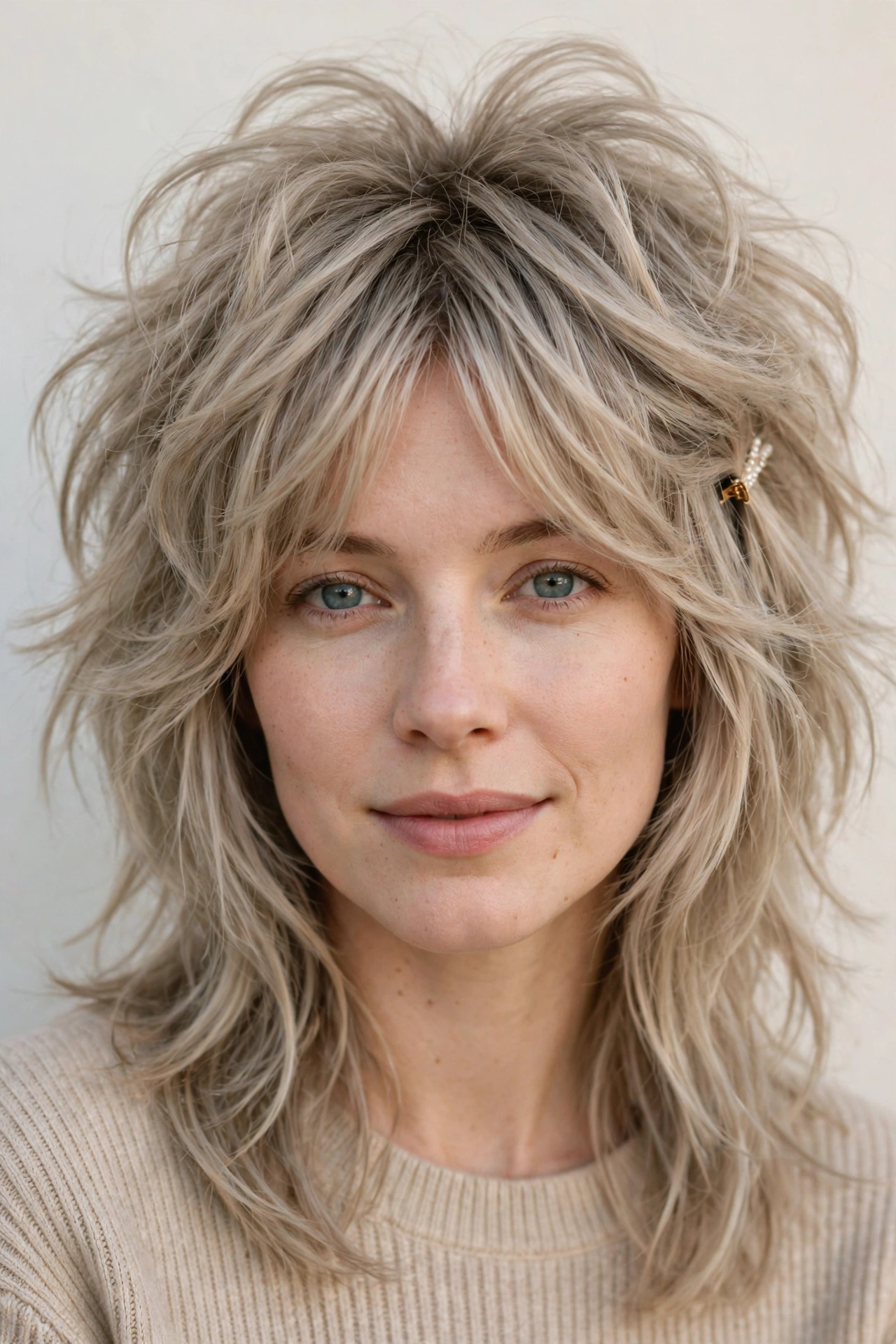 Layered Shag Haircuts for Spring with Soft Curtain Layers in ash blonde with a voluminous at the roots finish