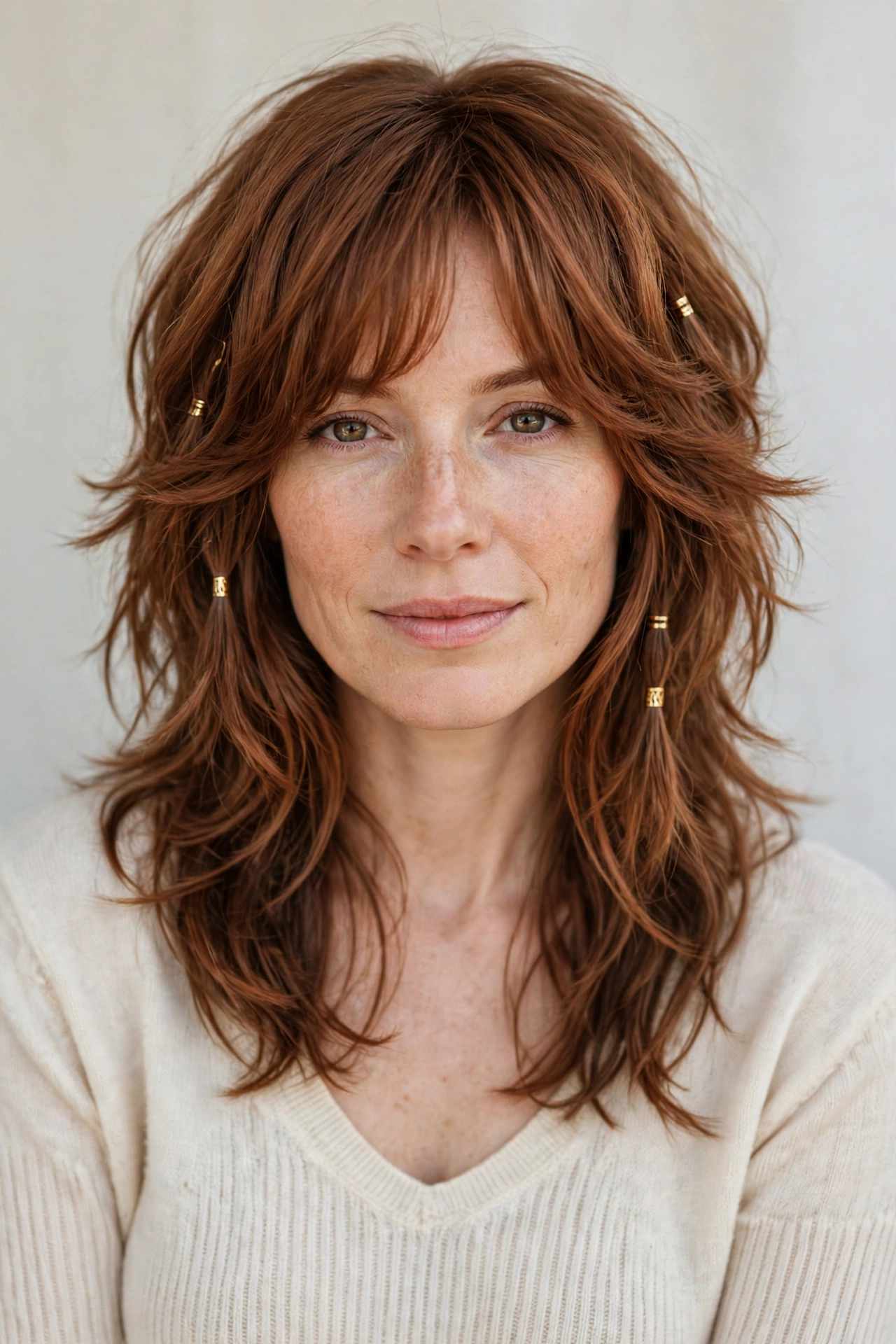 Soft Auburn Layered Shag Haircuts for Spring with Soft Curtain Layers with Small Gold Cuffs