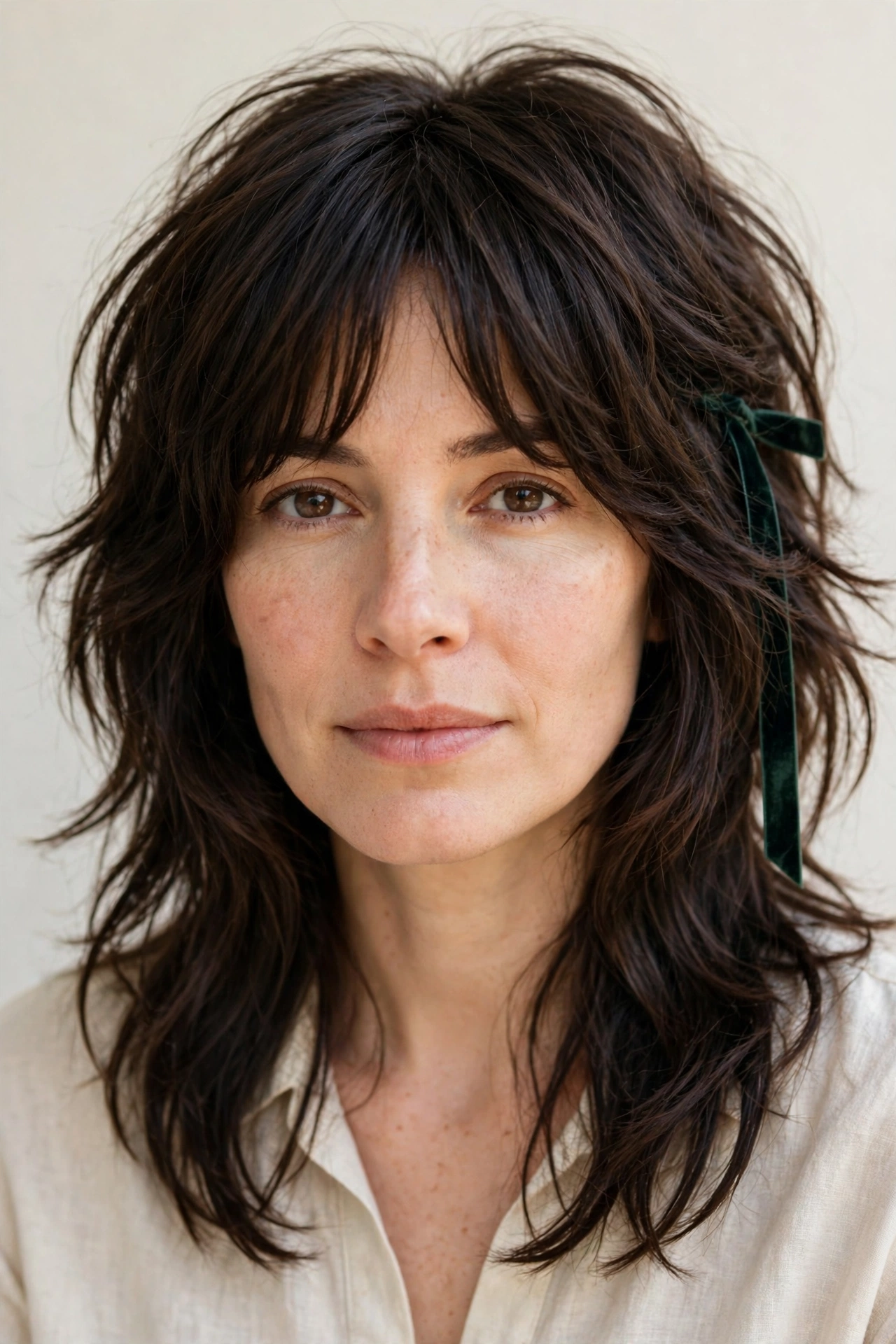 Layered Shag Haircuts for Spring with Soft Curtain Layers in deep brunette with a gently tousled finish